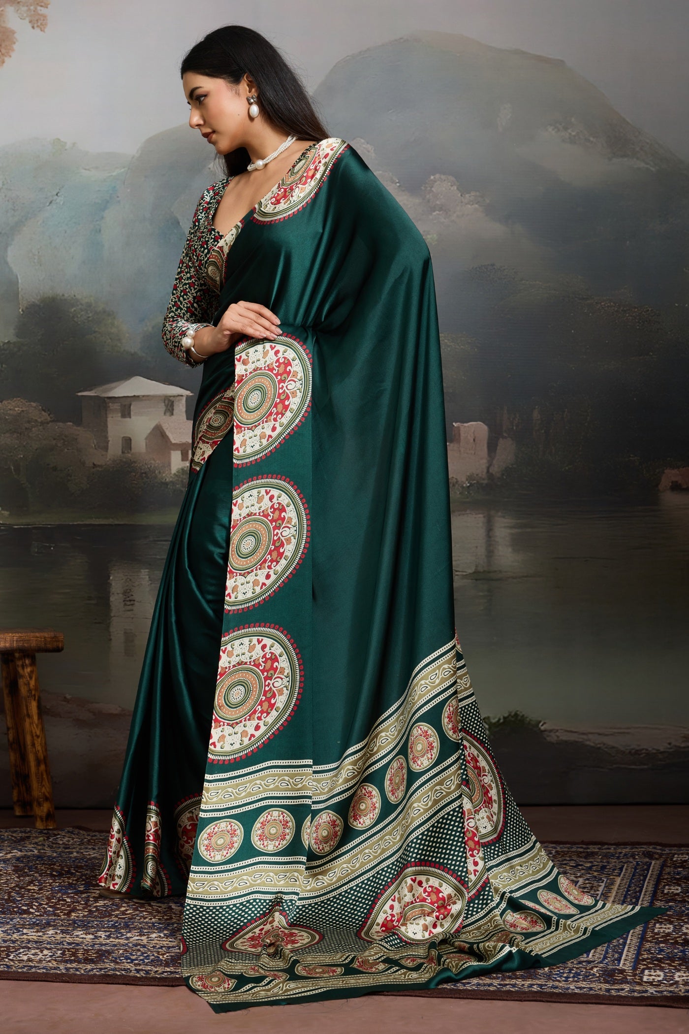 Buy MySilkLove Basil Green Modal Ajrakh Printed Silk Saree Online