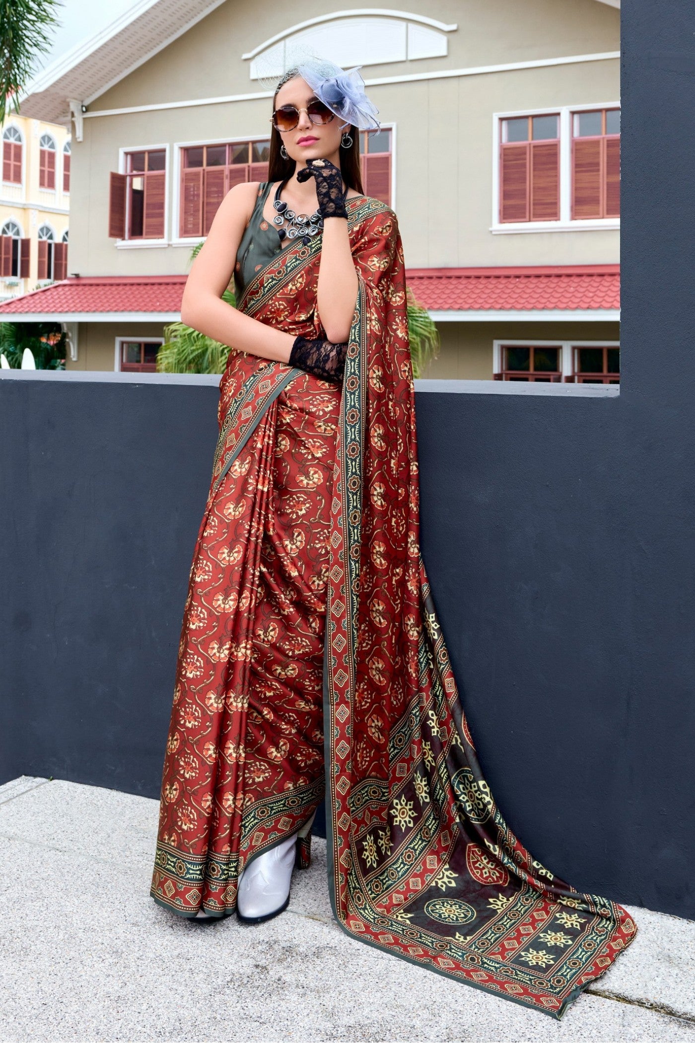 Buy MySilkLove Caramel Brown Ajrakh Printed Satin Crepe Silk Saree Online
