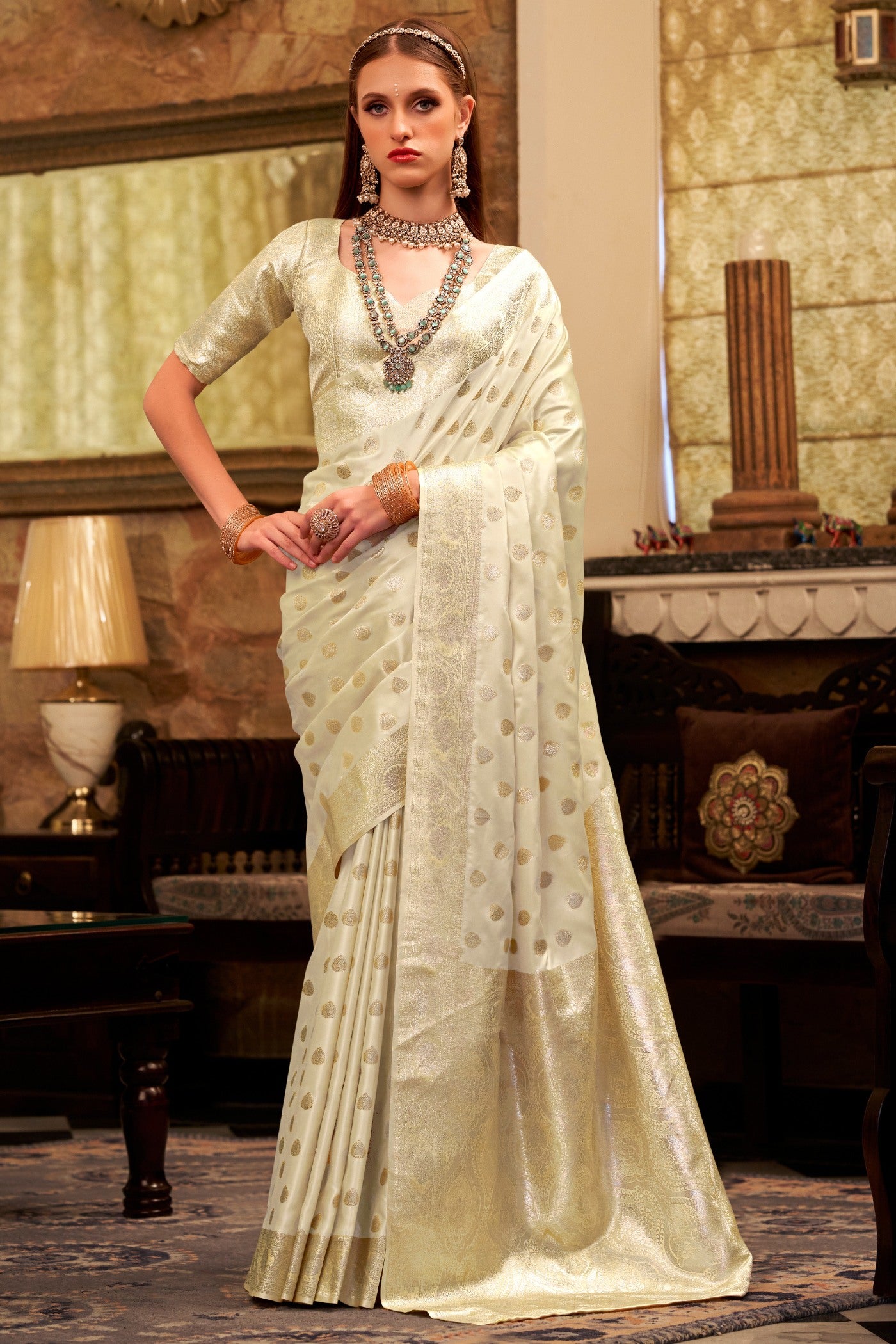 Buy MySilkLove Pearl Cream Woven Banarasi Satin Soft Silk Saree Online