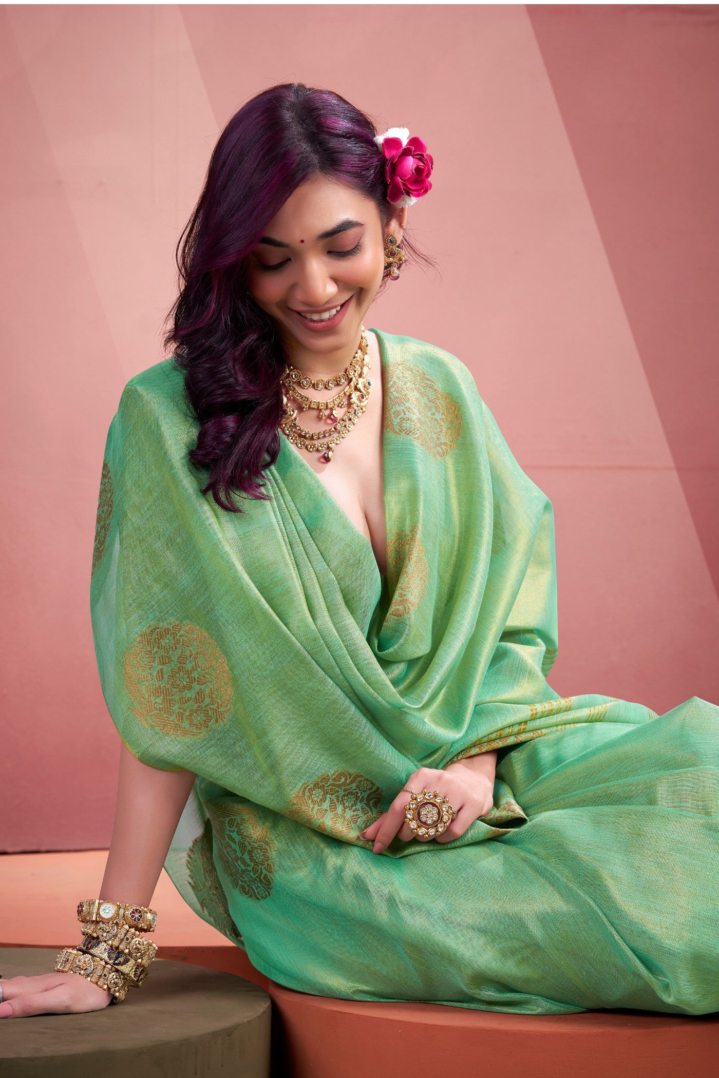 Buy MySilkLove Chalet Green Zari Woven Tissue Saree Online