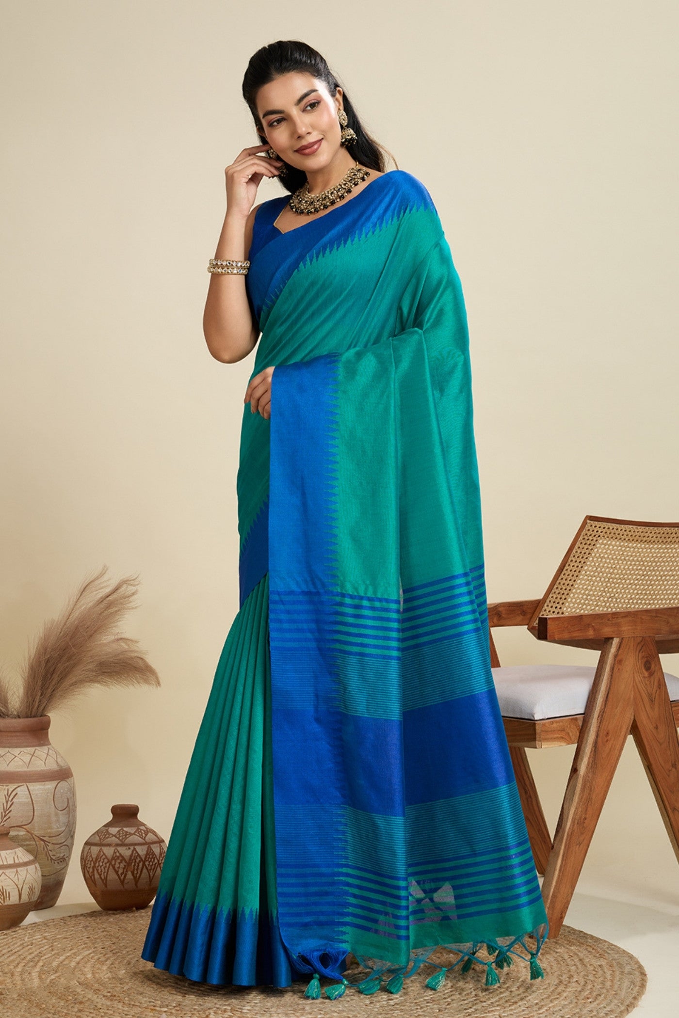 Buy MySilkLove Teal Green Woven Raw Silk Saree Online
