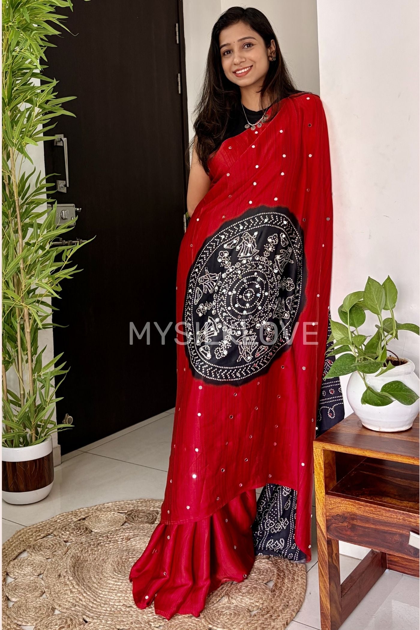 Buy MySilkLove Ruby Red and Black Gaji Bandej Satin Soft Silk Saree Online