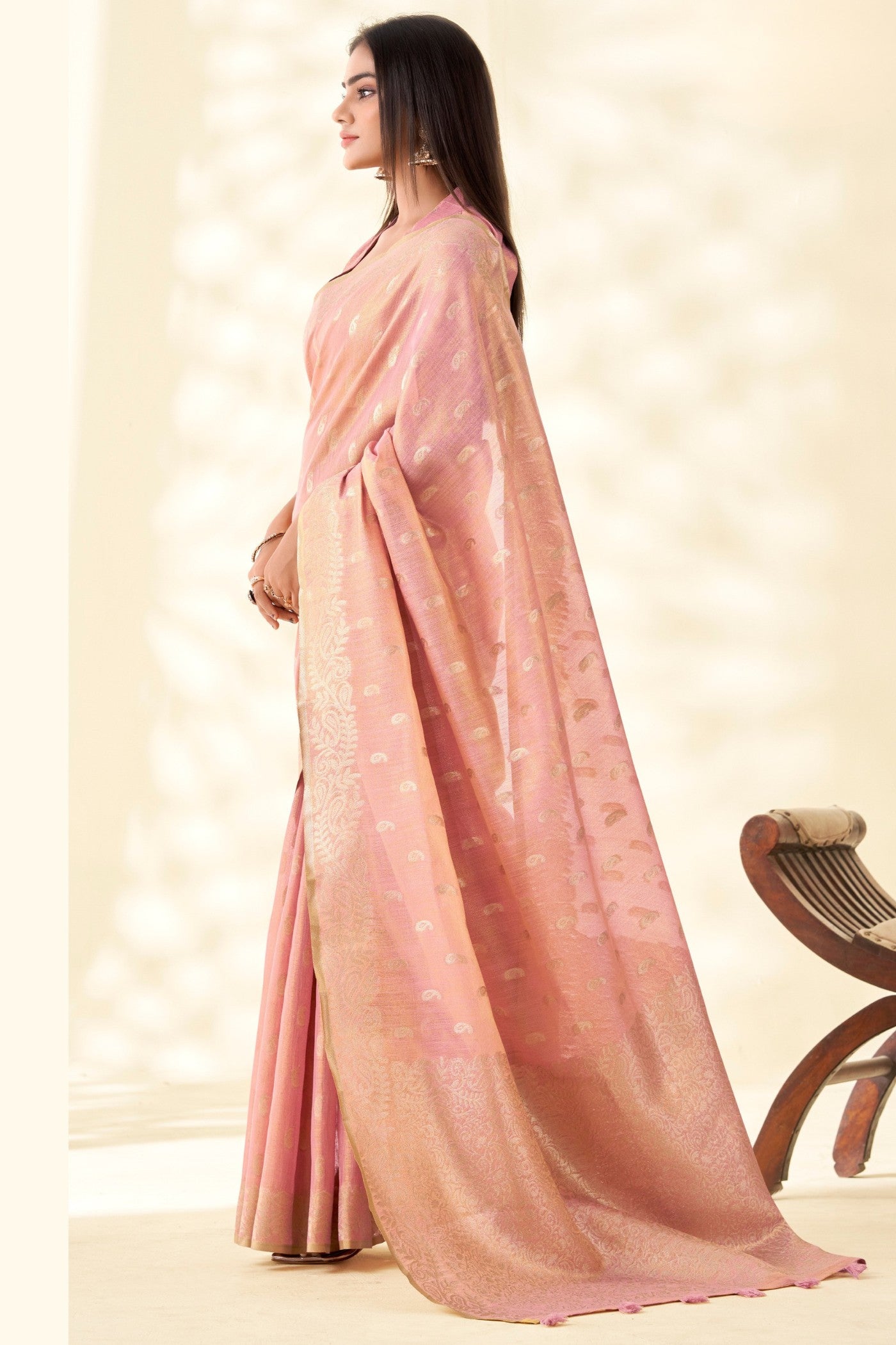 Buy MySilkLove Rose Pink Woven Tissue Linen Saree Online