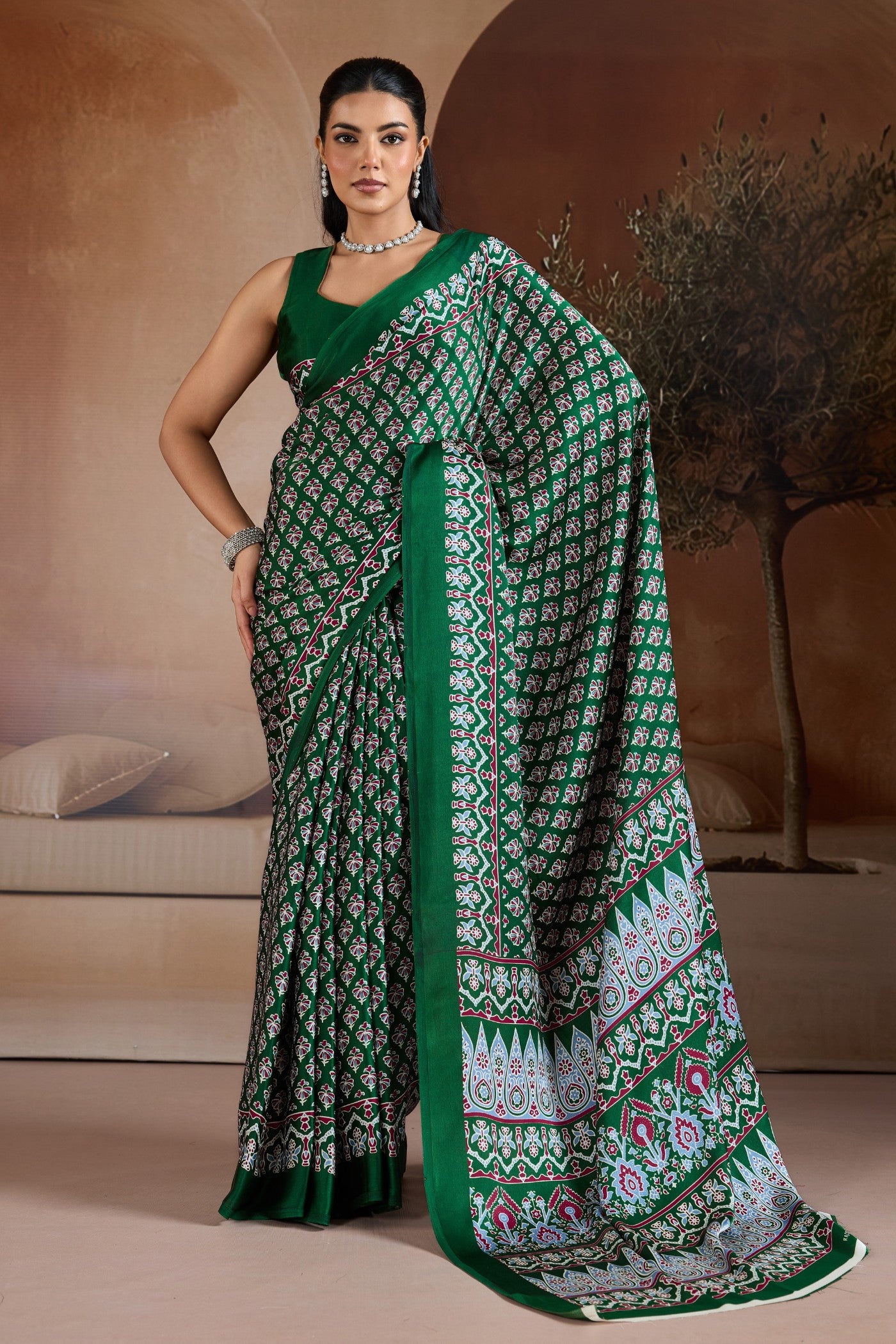 Buy MySilkLove Jungle Green Ajrakh Printed Satin Crepe Silk Saree Online
