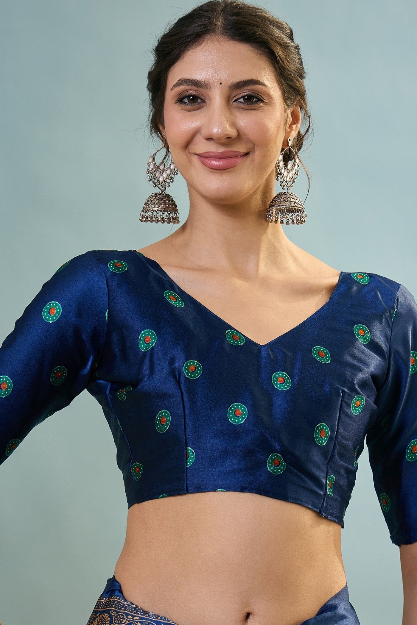 Buy MySilkLove Runic Blue Ajrakh Printed Satin Crepe Silk Saree Online