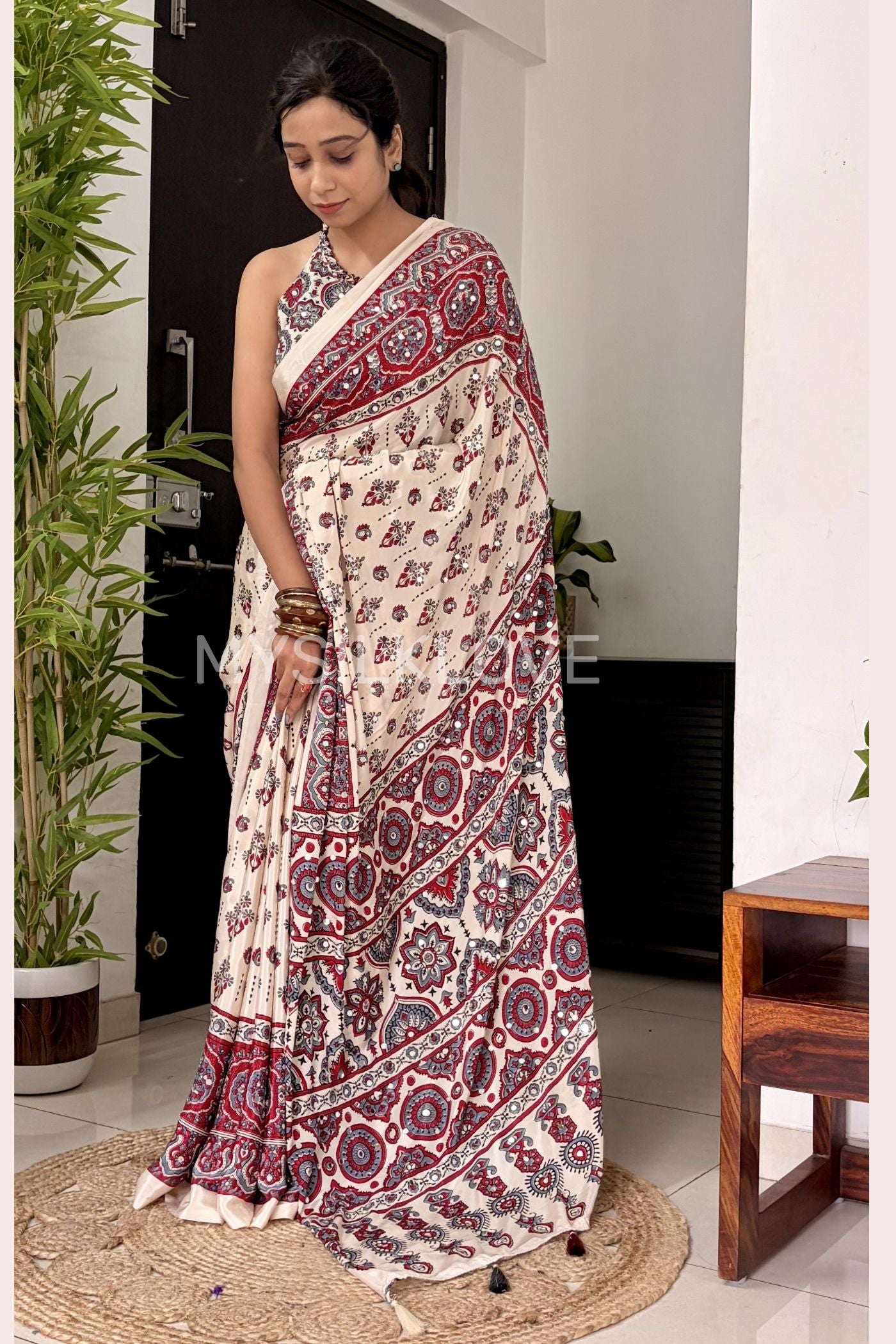Buy MySilkLove Neutral Beige Modal Ajrakh Satin Printed Mirror Work Saree Online