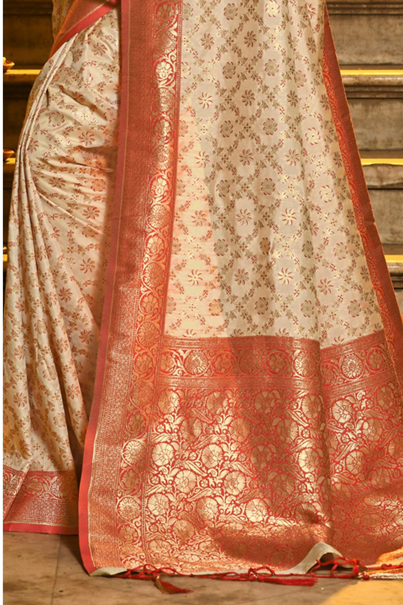 Buy MySilkLove Latte Cream Woven Banarasi Saree Online