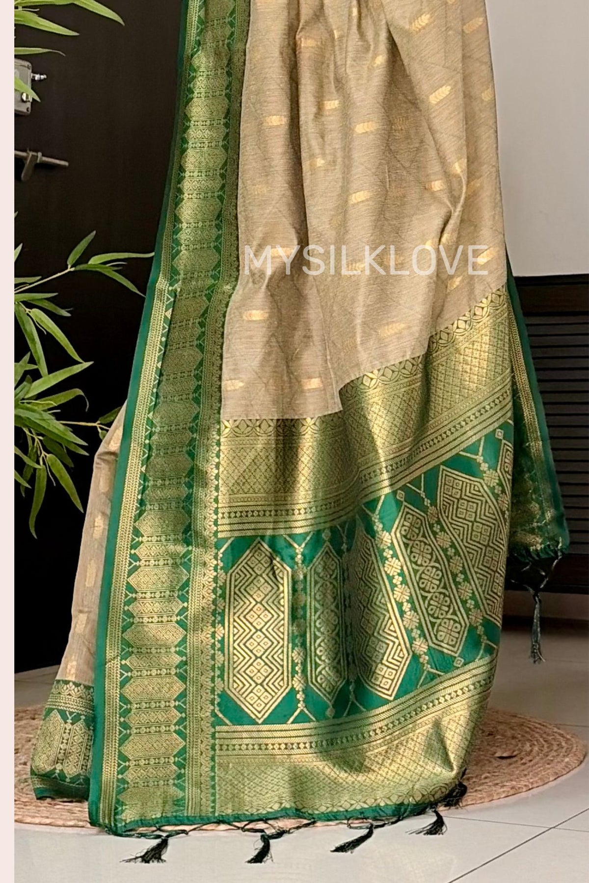 Buy MySilkLove Dust Cream and Green Woven Banarasi Cotton Saree Online