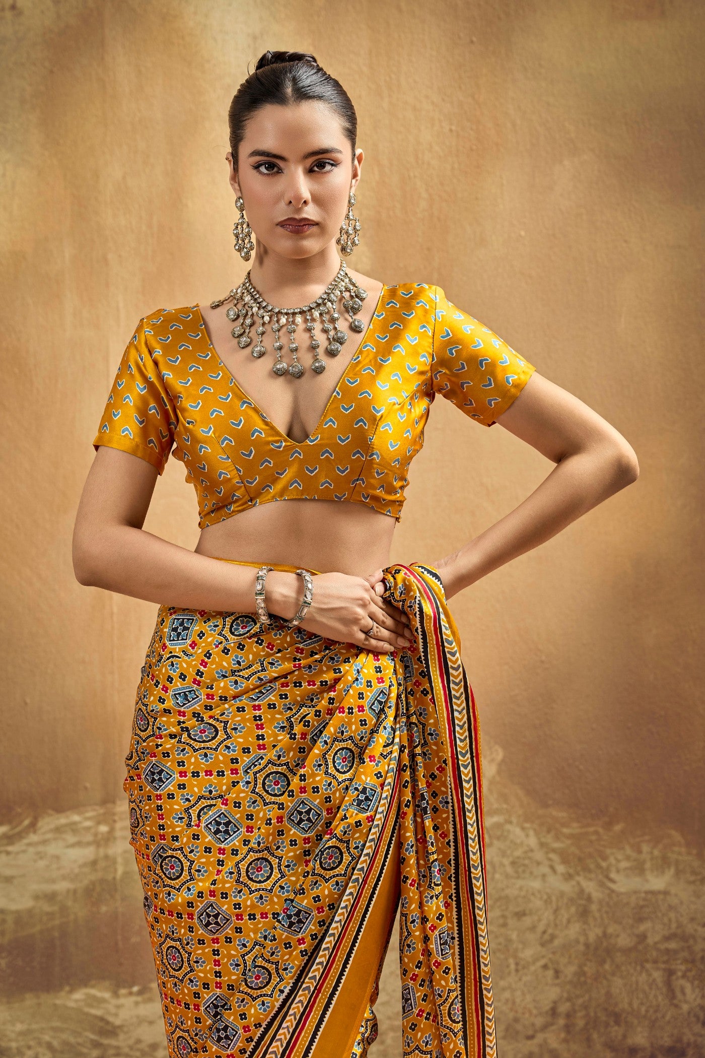 Buy MySilkLove Jonquil Yellow Modal Ajrakh Satin Printed Silk Saree Online
