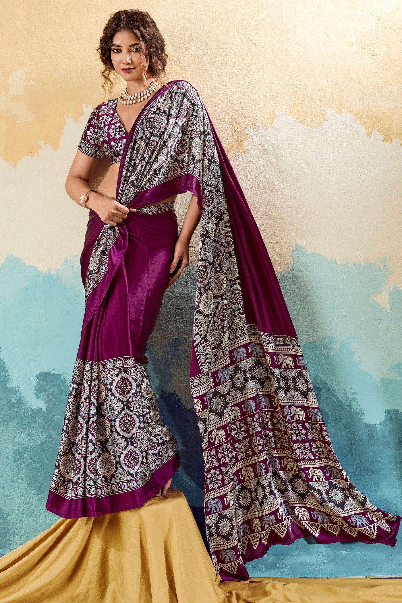 Buy MySilkLove Taco Purple Modal Ajrakh Satin Printed Silk Saree Online