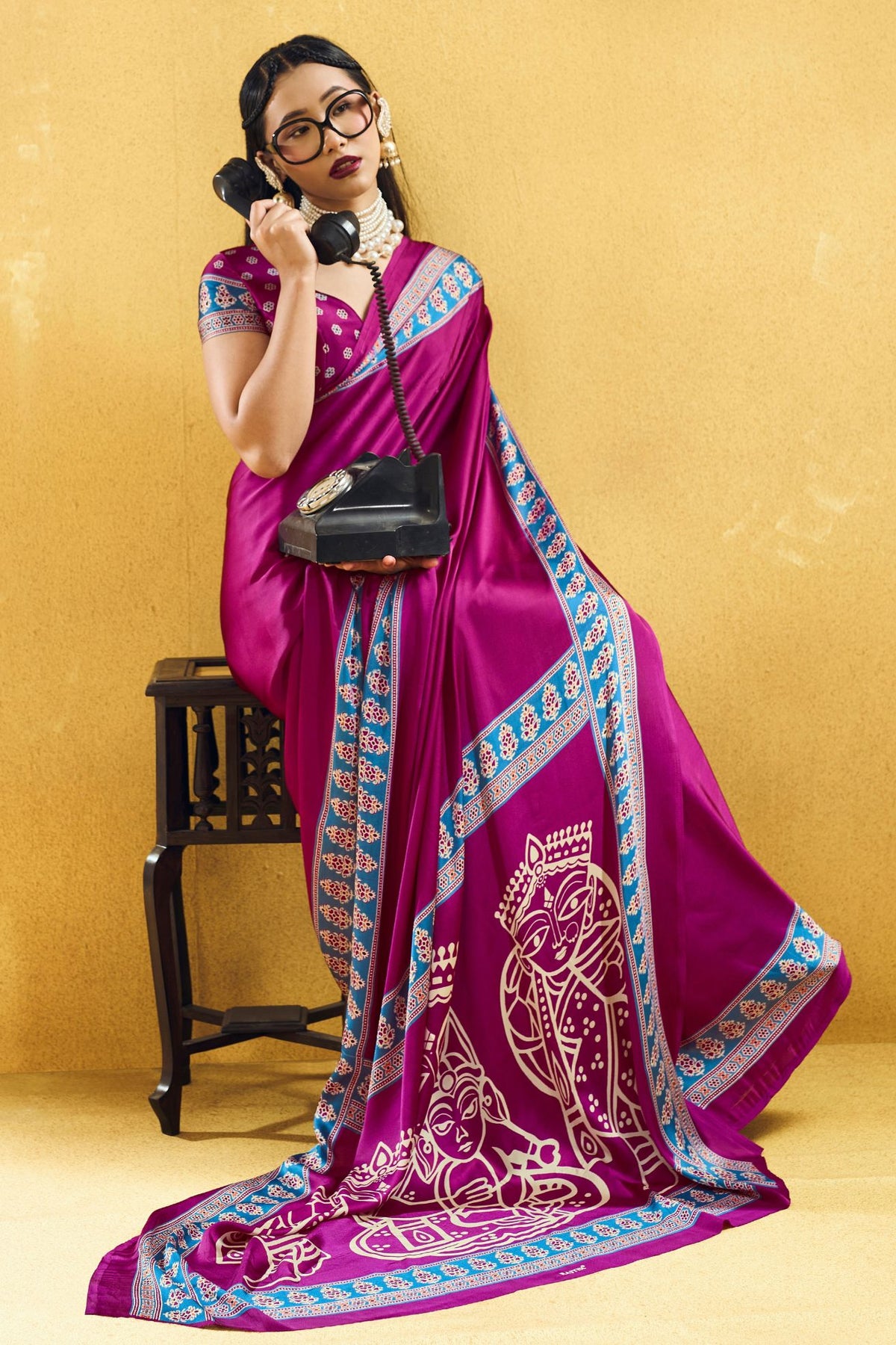 Buy MySilkLove Plum Purple Modal Ajrakh Satin Printed Silk Saree Online
