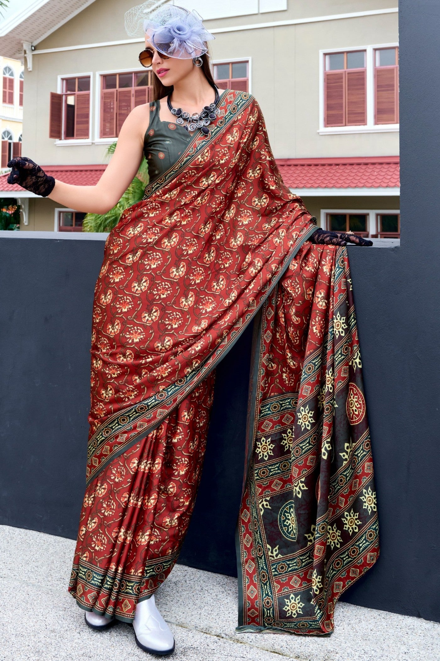 Buy MySilkLove Caramel Brown Ajrakh Printed Satin Crepe Silk Saree Online