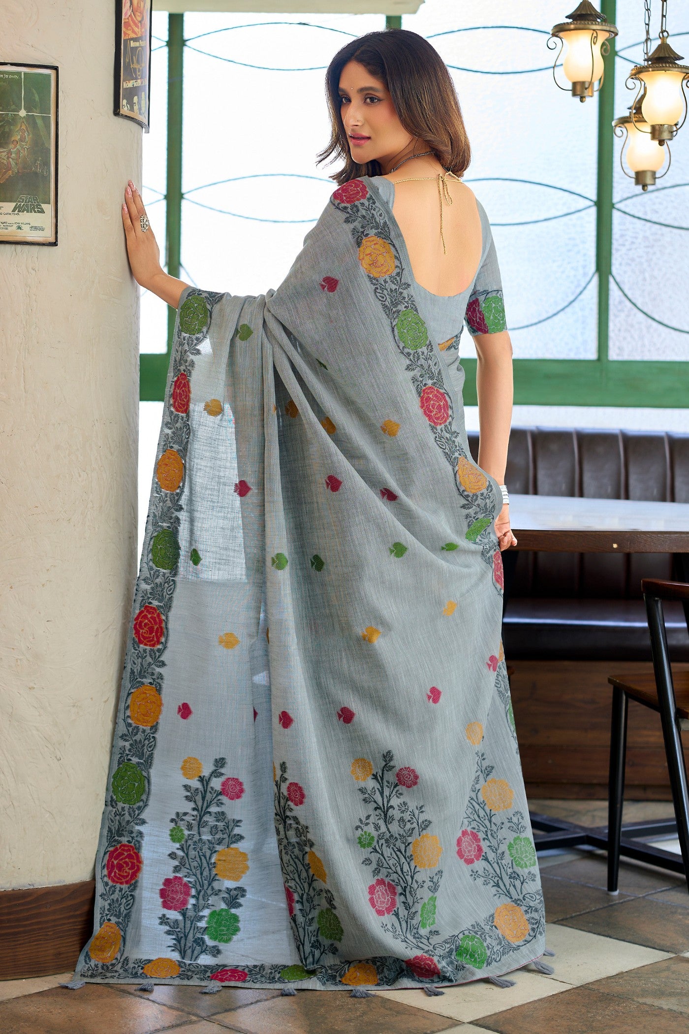 Buy MySilkLove Arsenic Grey Floral Handloom Linen Saree Online