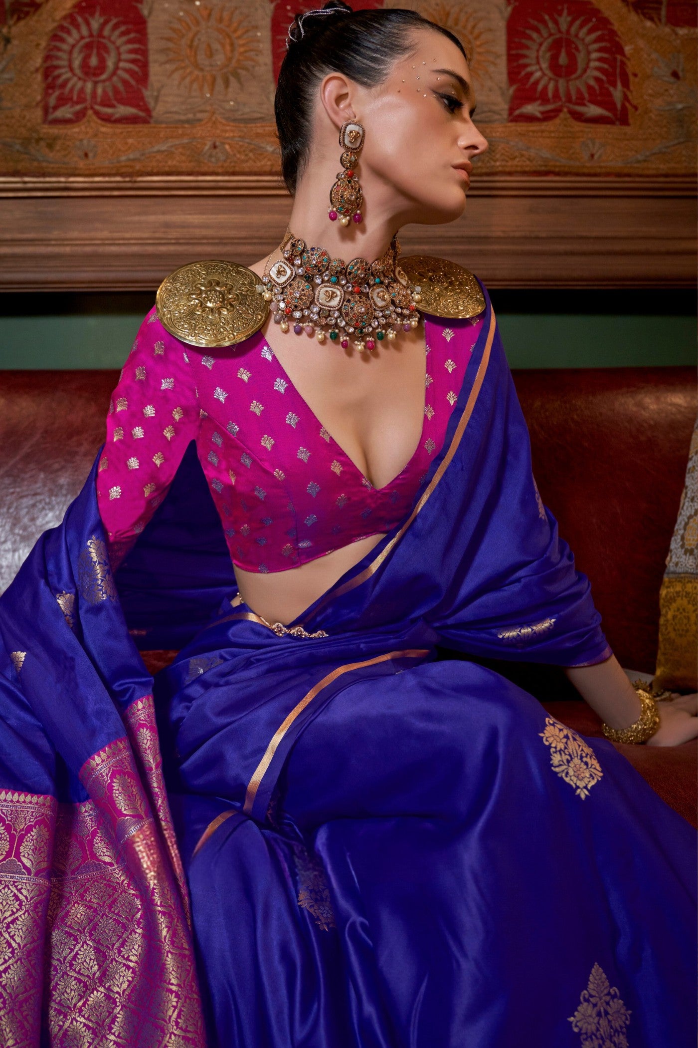 Buy MySilkLove Royal Blue Banarasi Satin Saree Online