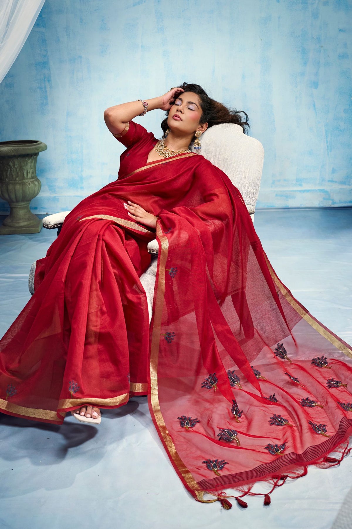 Buy MySilkLove Ruby Red Munga Handloom Cotton Saree Online