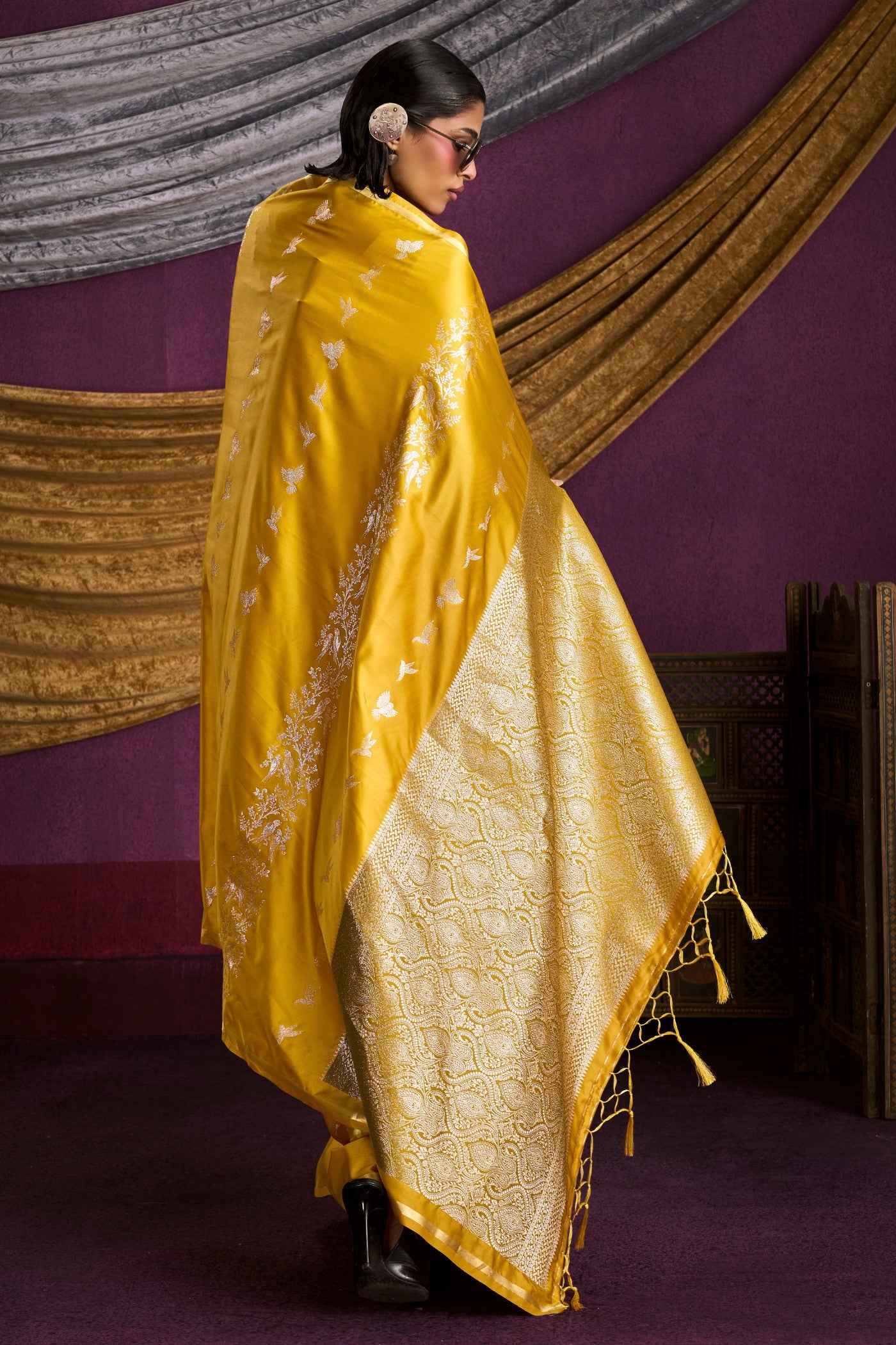 Buy MySilkLove Lemon Yellow Handloom Satin Silk Saree Online