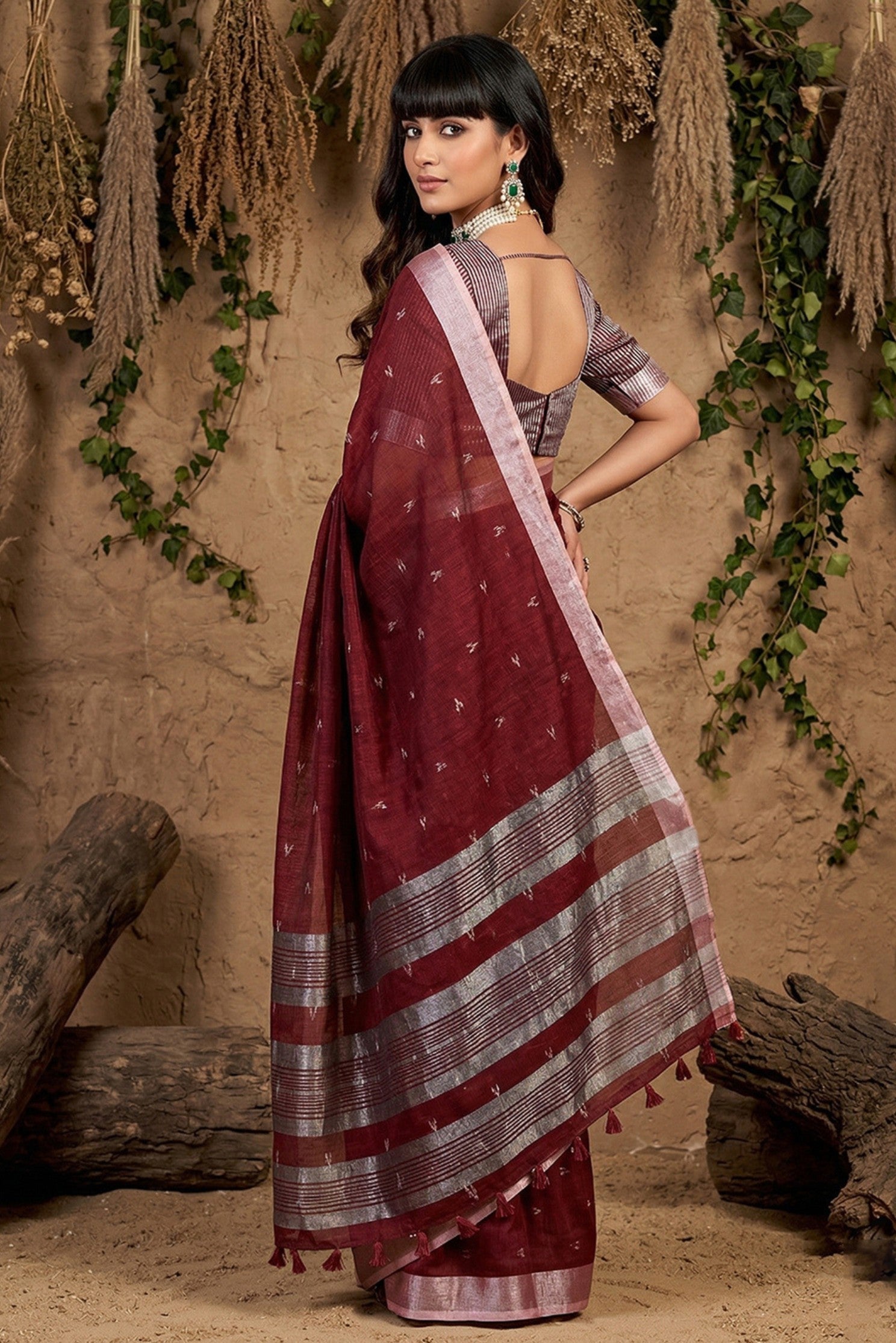MySilkLove Deep Maroon Woven Linen Cotton Saree