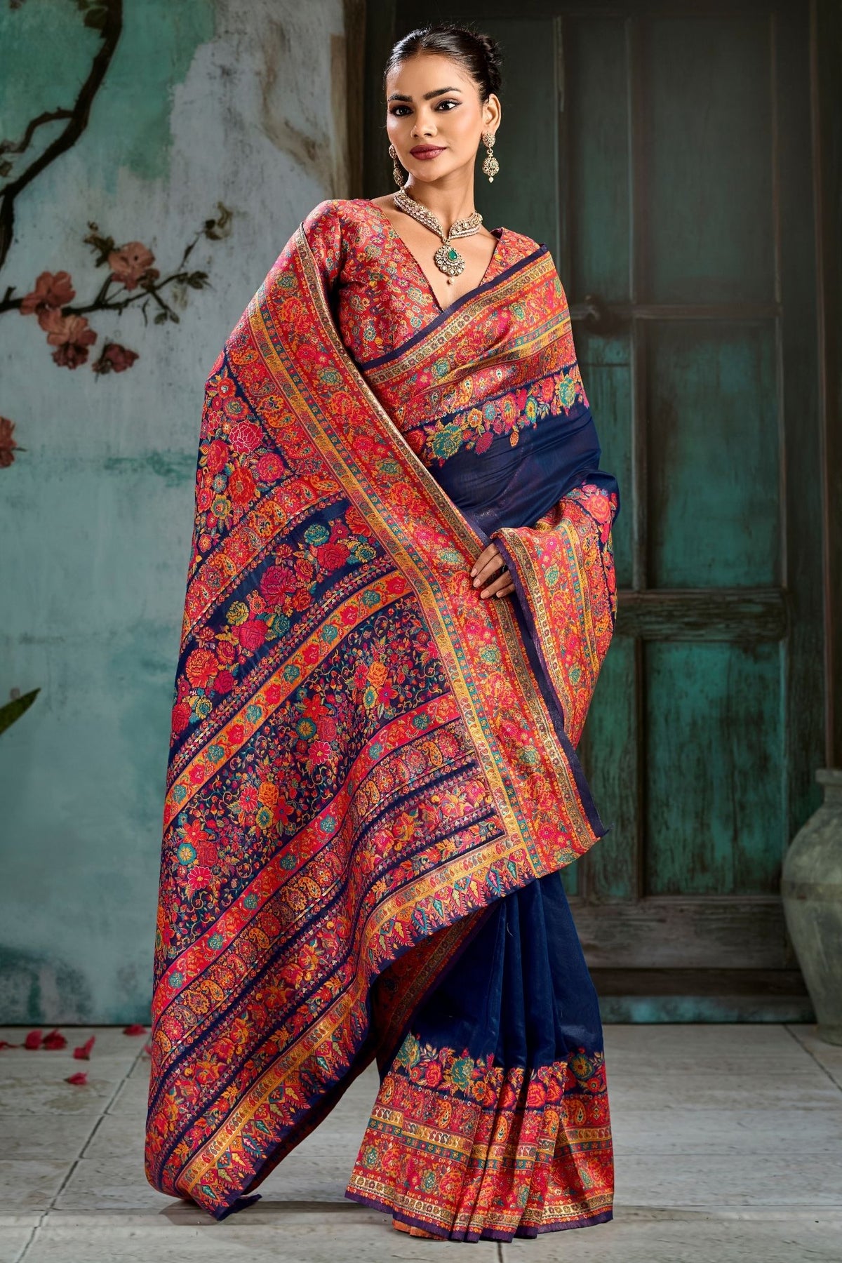 Buy MySilkLove Ocean Blue Kashmiri Handloom Jamewar Saree Online