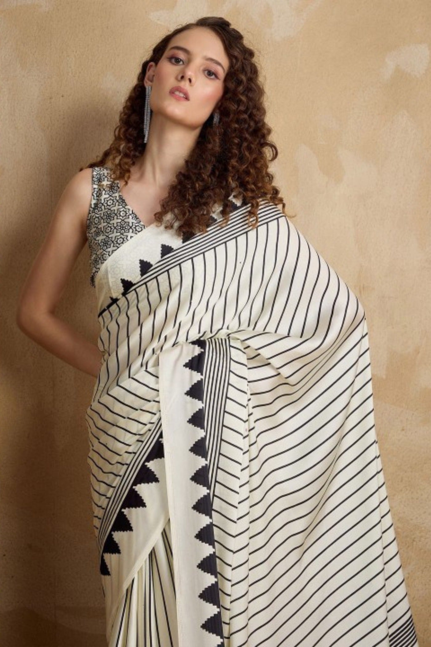 Buy MySilkLove Zebra White Ajrakh Printed Satin Crepe Silk Saree Online