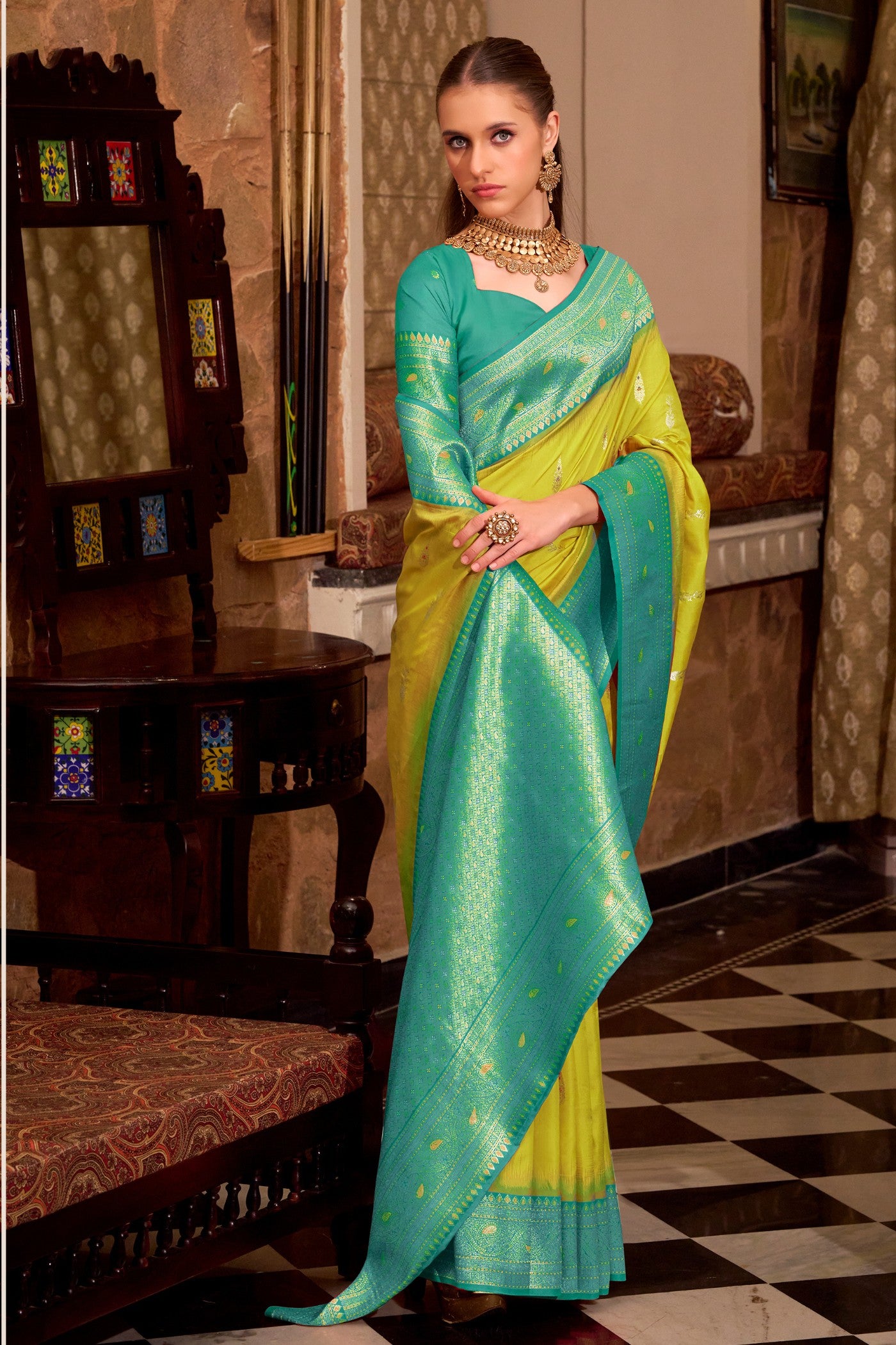 Buy MySilkLove Chartreuse Yellow Woven Banarsi Saree Online