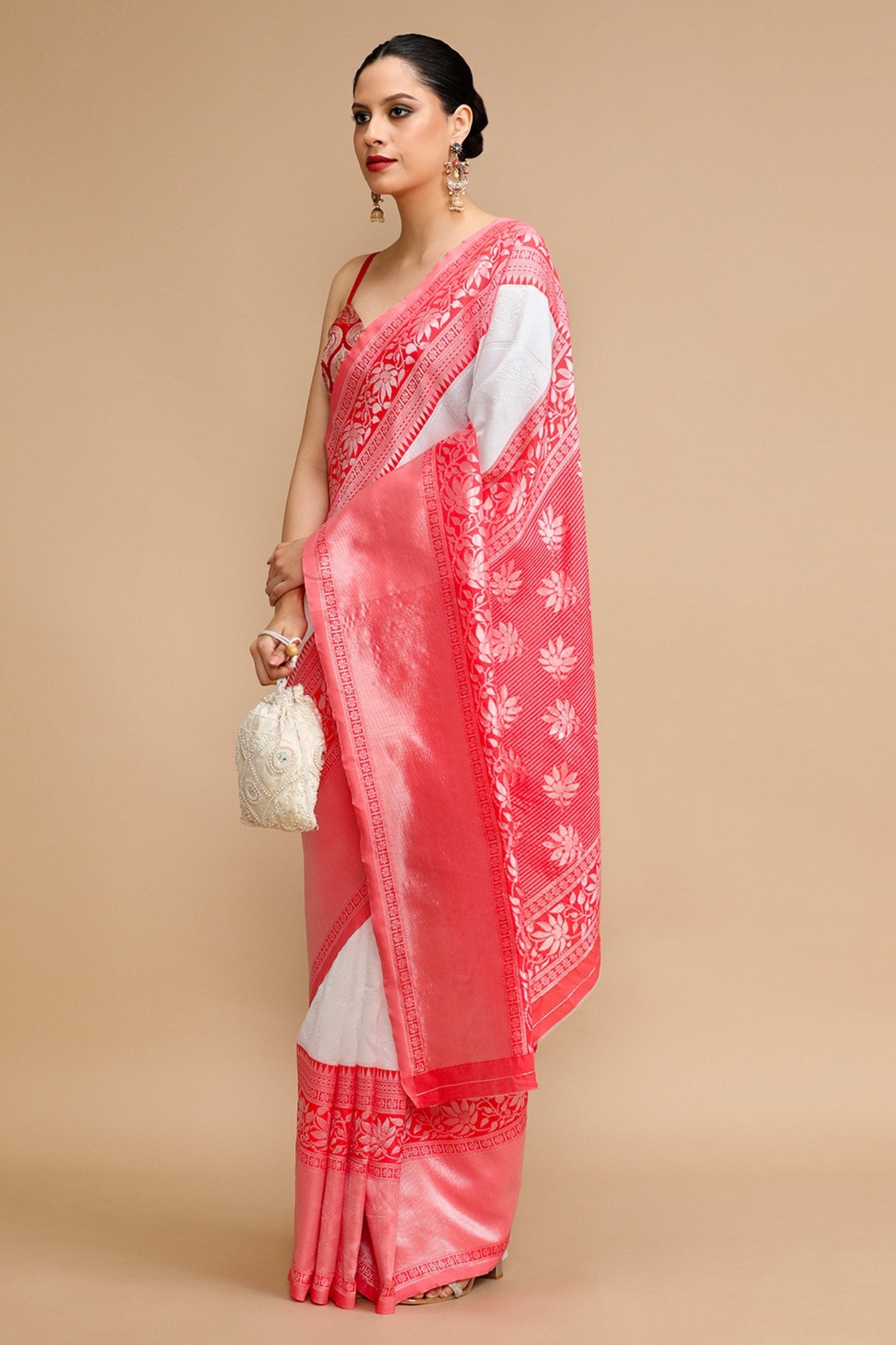 Buy MySilkLove Snow White and Pink Woven Jacquard Lichi Silk Saree Online