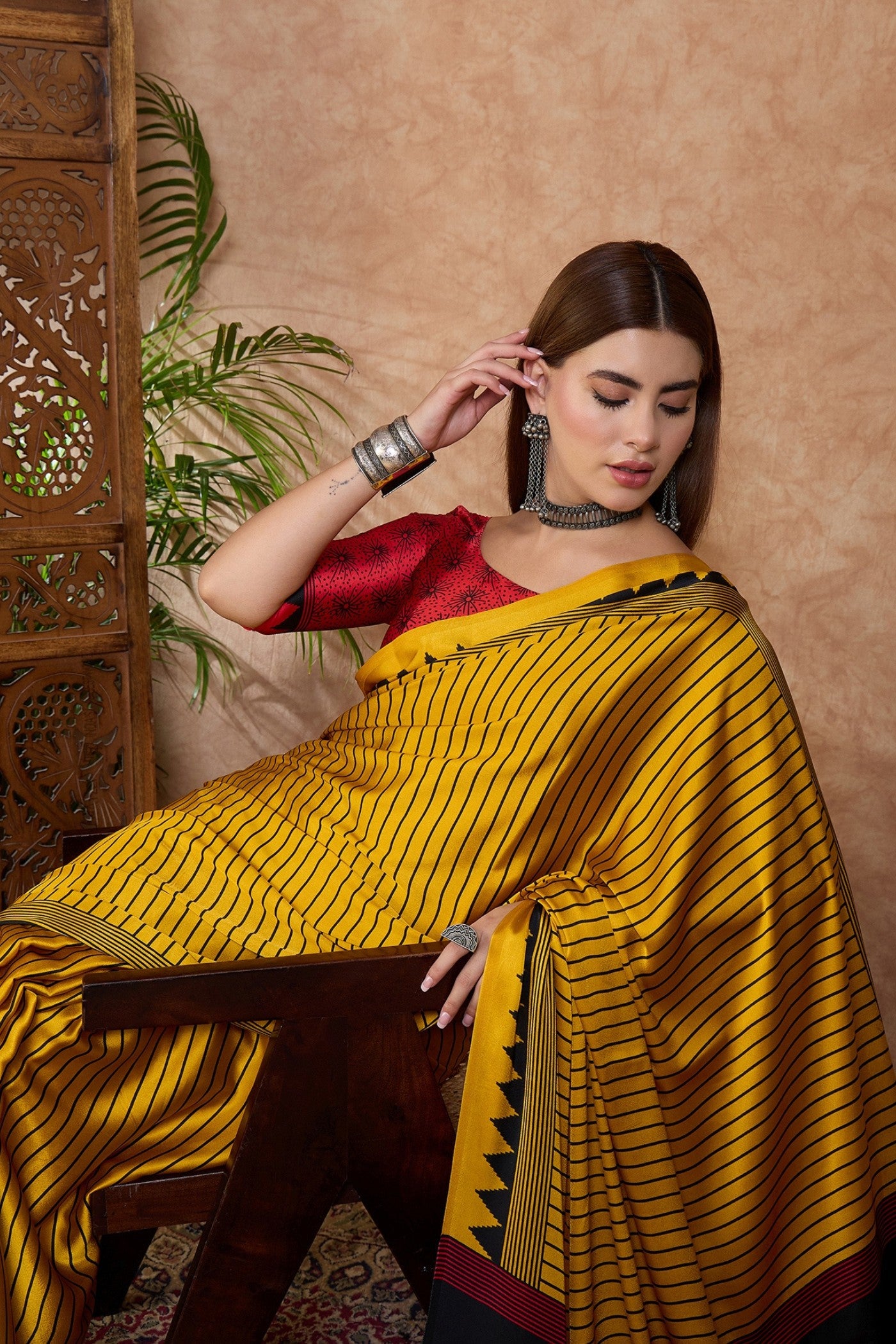 Buy MySilkLove Husk Yellow and Black Stripe Ajrakh Printed Satin Crepe Silk Saree Online