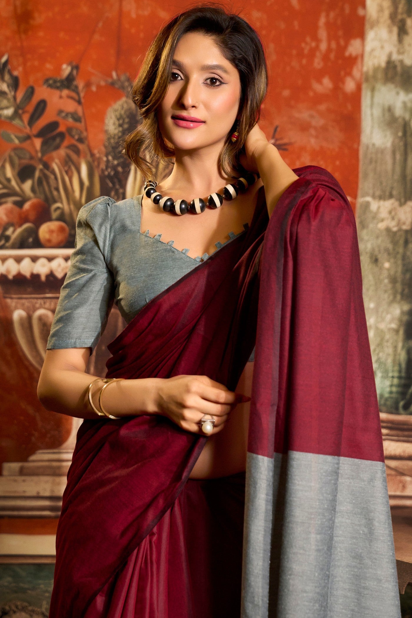 Buy MySilkLove French Maroon Handloom Mul Mul Cotton Saree Online