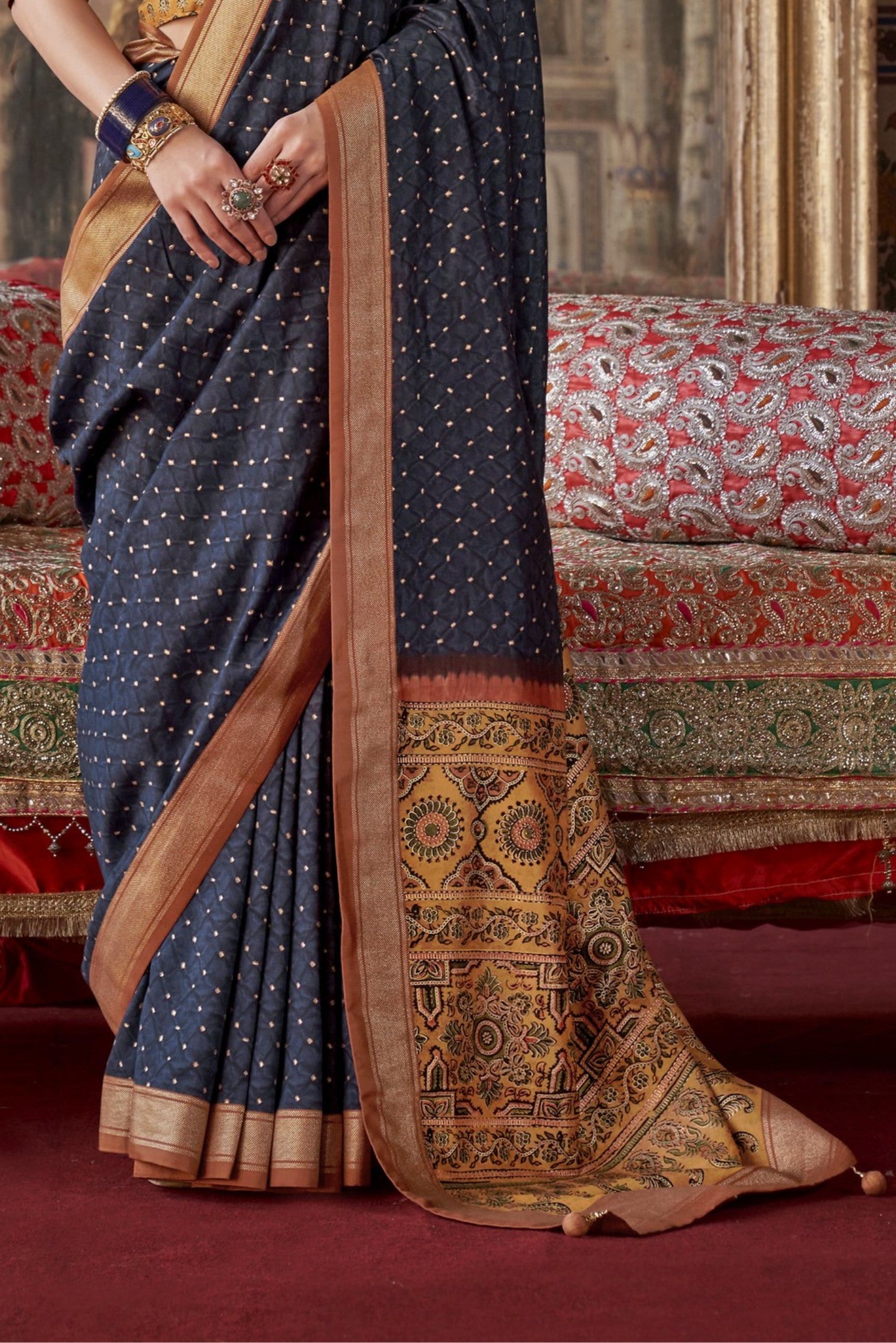 Buy MySilkLove Gun Powder Blue Printed Banarasi Saree Online
