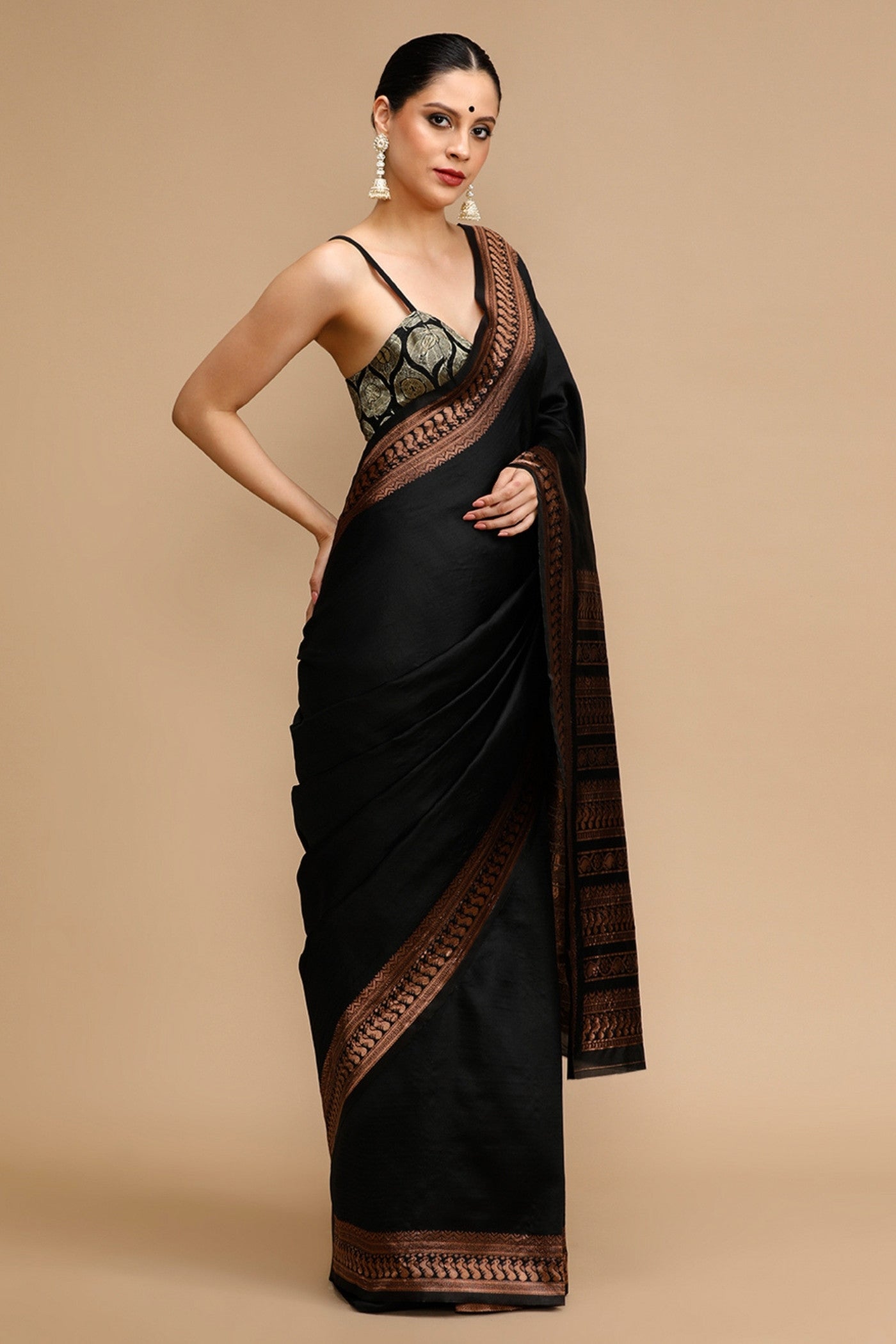 Buy MySilkLove Davy Black Woven Jacquard Lichi Silk Saree Online