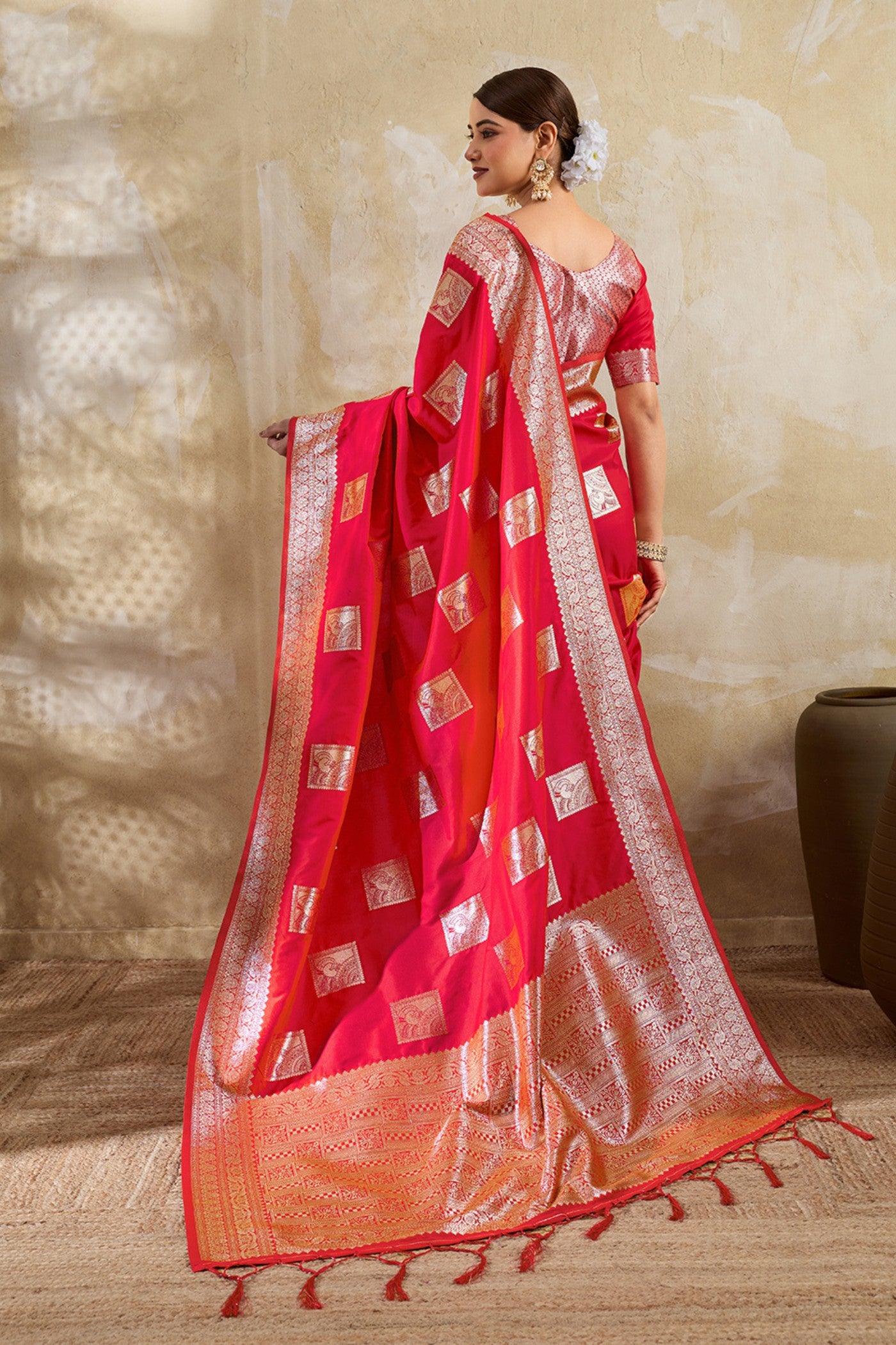 Buy MySilkLove Melon Red Woven Banarasi Soft Silk Saree Online