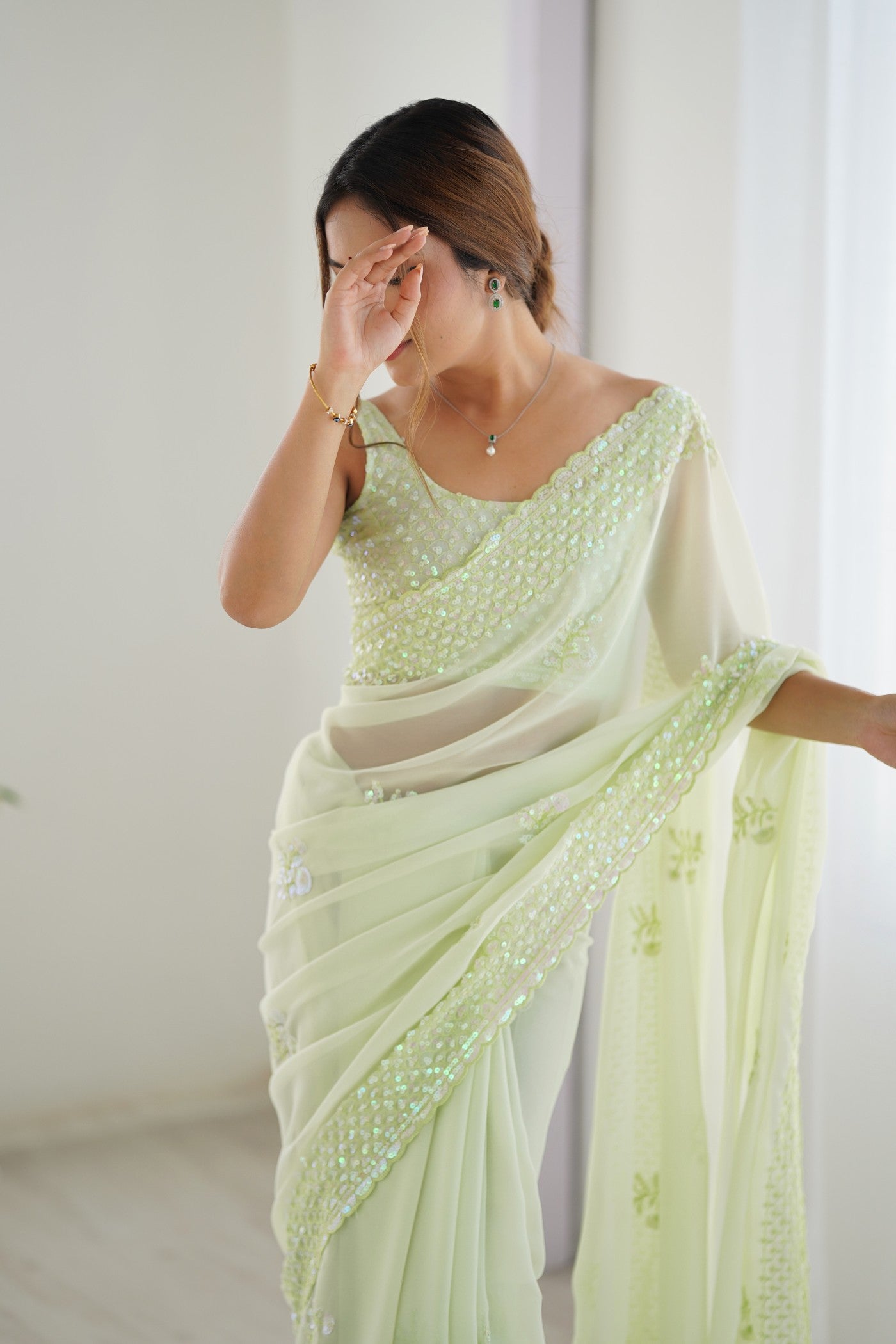 Buy MySilkLove Pista Green Georgette Partywear Saree Online