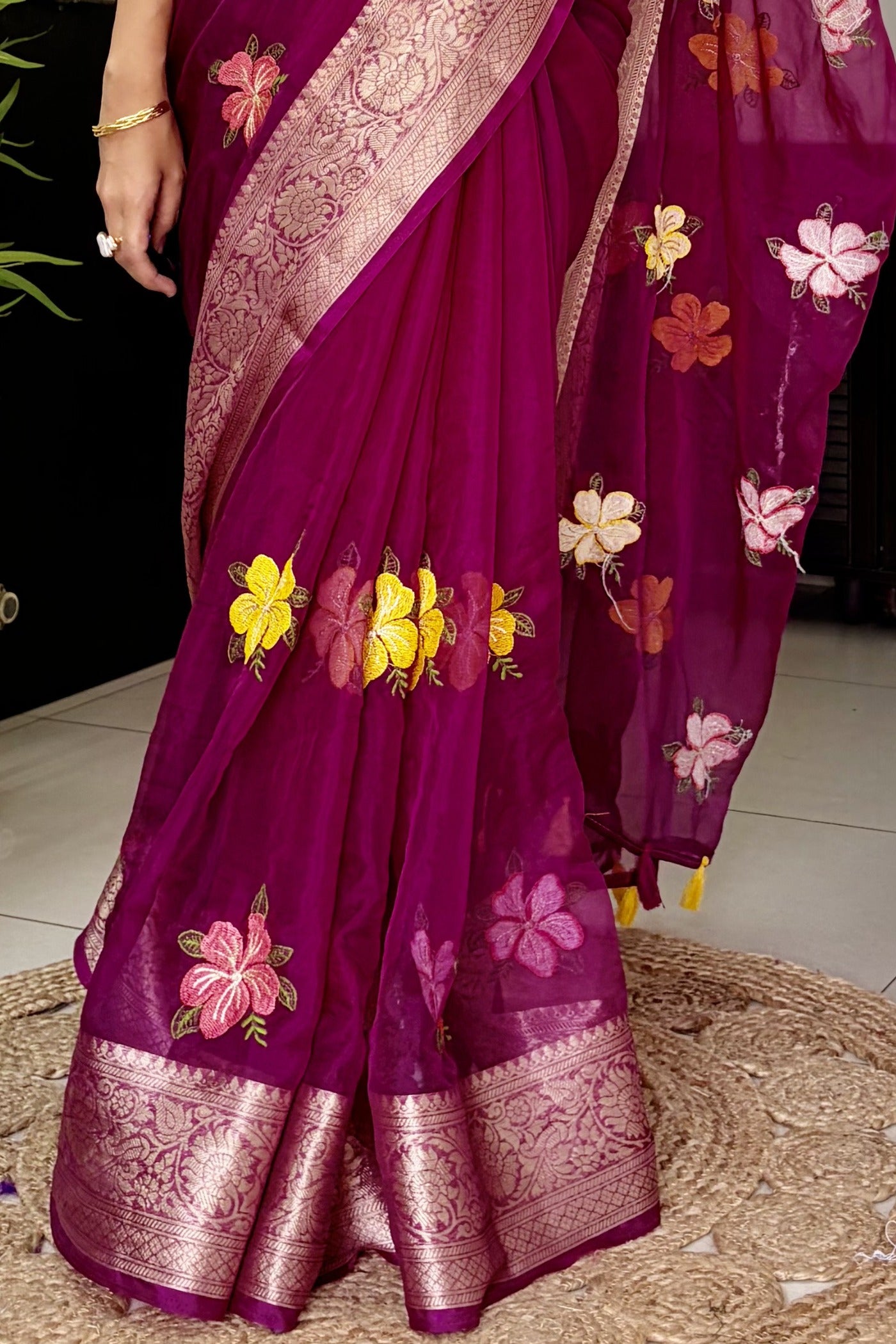 Buy MySilkLove Rose Pink Woven Tissue Floral Saree Online