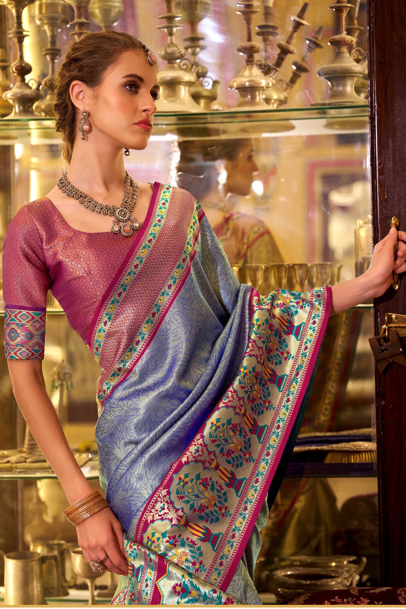 Buy MySilkLove Mojorelle Blue Woven Tissue Silk Saree Online
