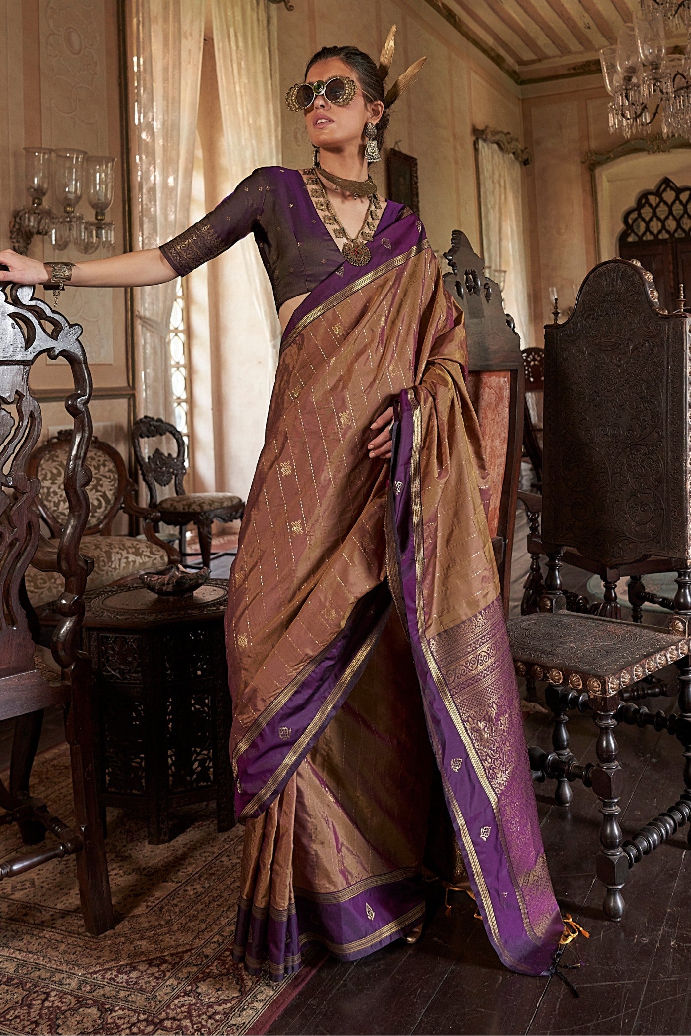 Buy MySilkLove Mocha Brown and Purple Tussar Handloom Silk Saree Online