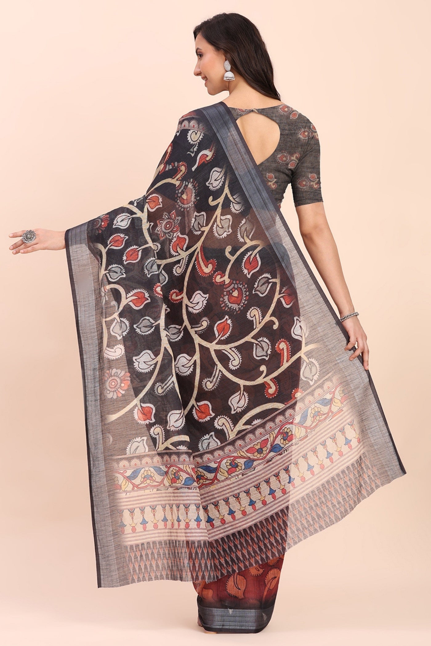 Buy MySilkLove Brick Red Woven Linen Cotton Saree Online