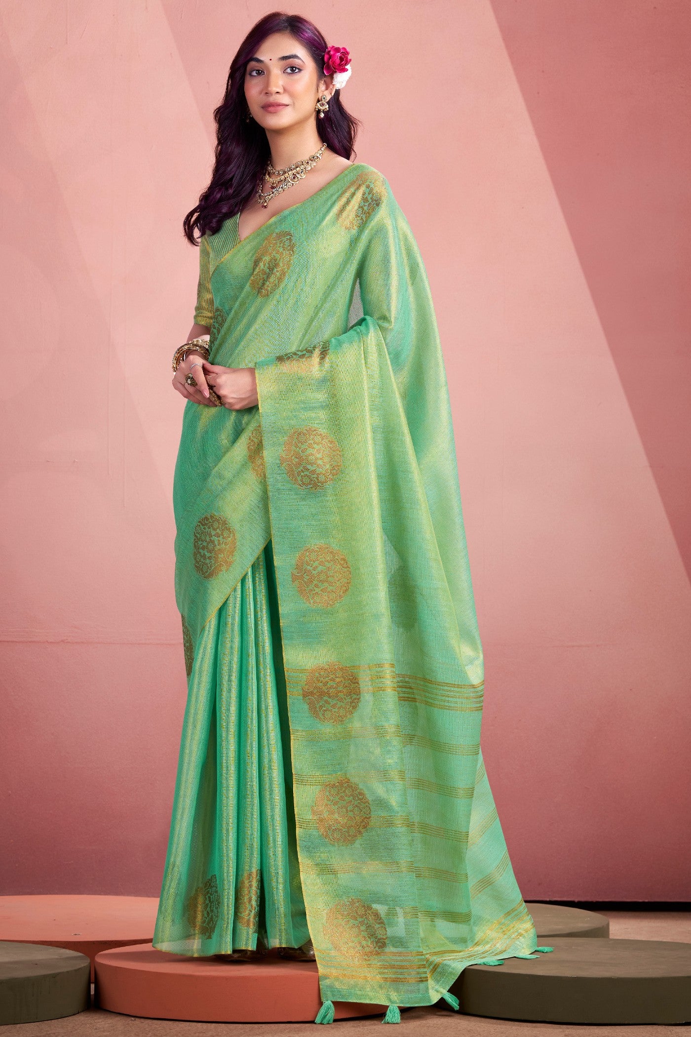 Buy MySilkLove Chalet Green Zari Woven Tissue Saree Online