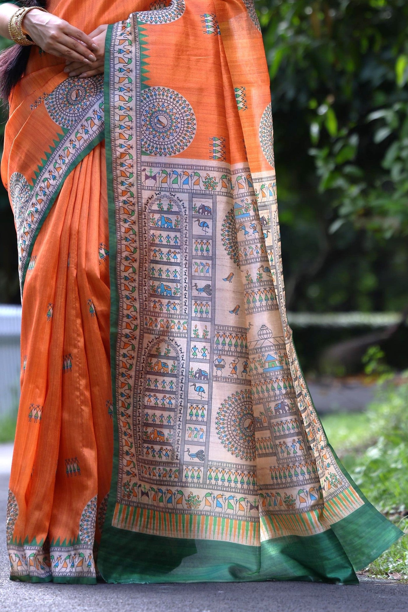 Buy MySilkLove Butterscotch Orange Madhubani Tussar Printed Silk Saree Online