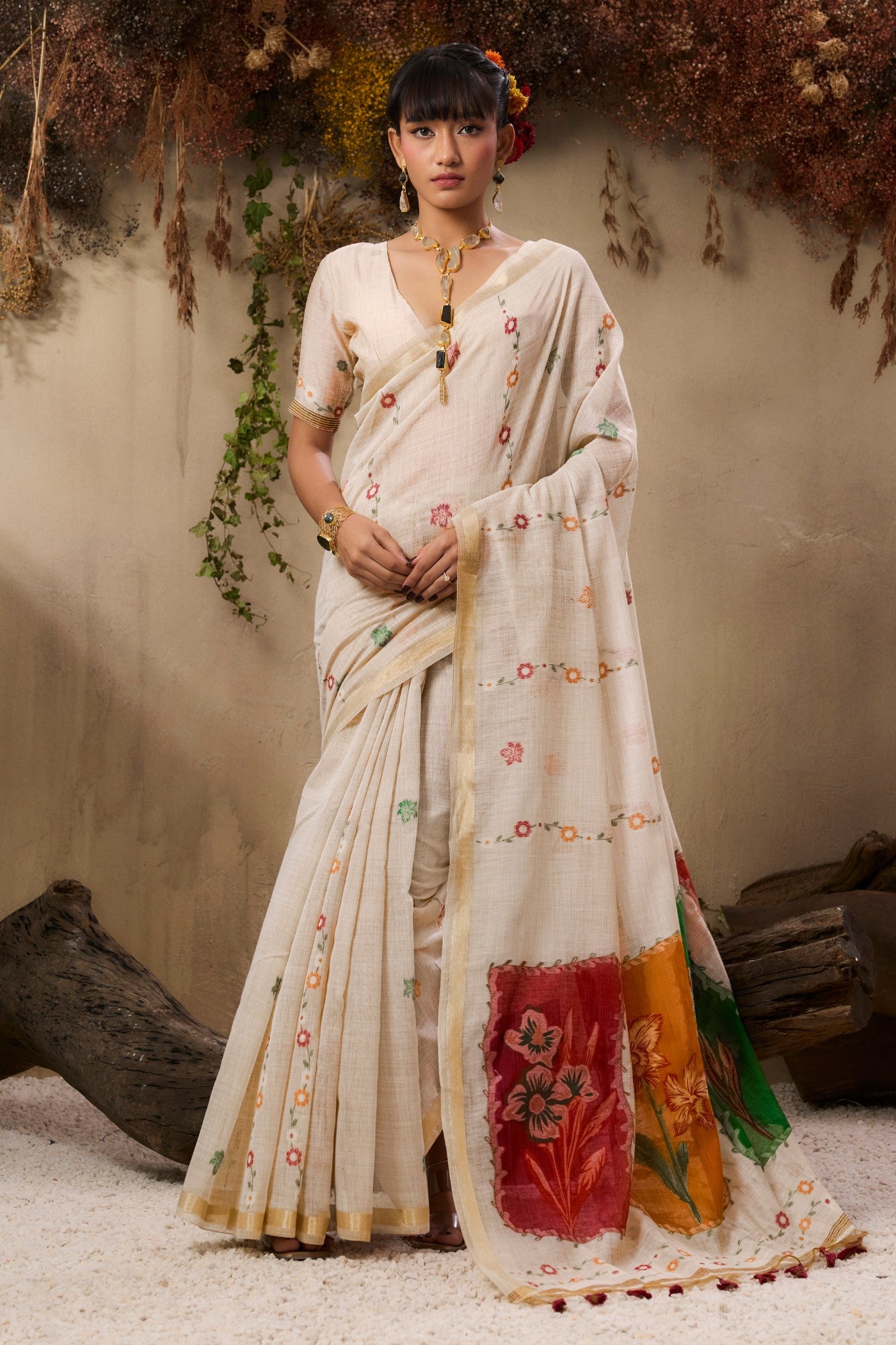 Buy MySilkLove Milklace Cream Handloom Muga Cotton Saree Online