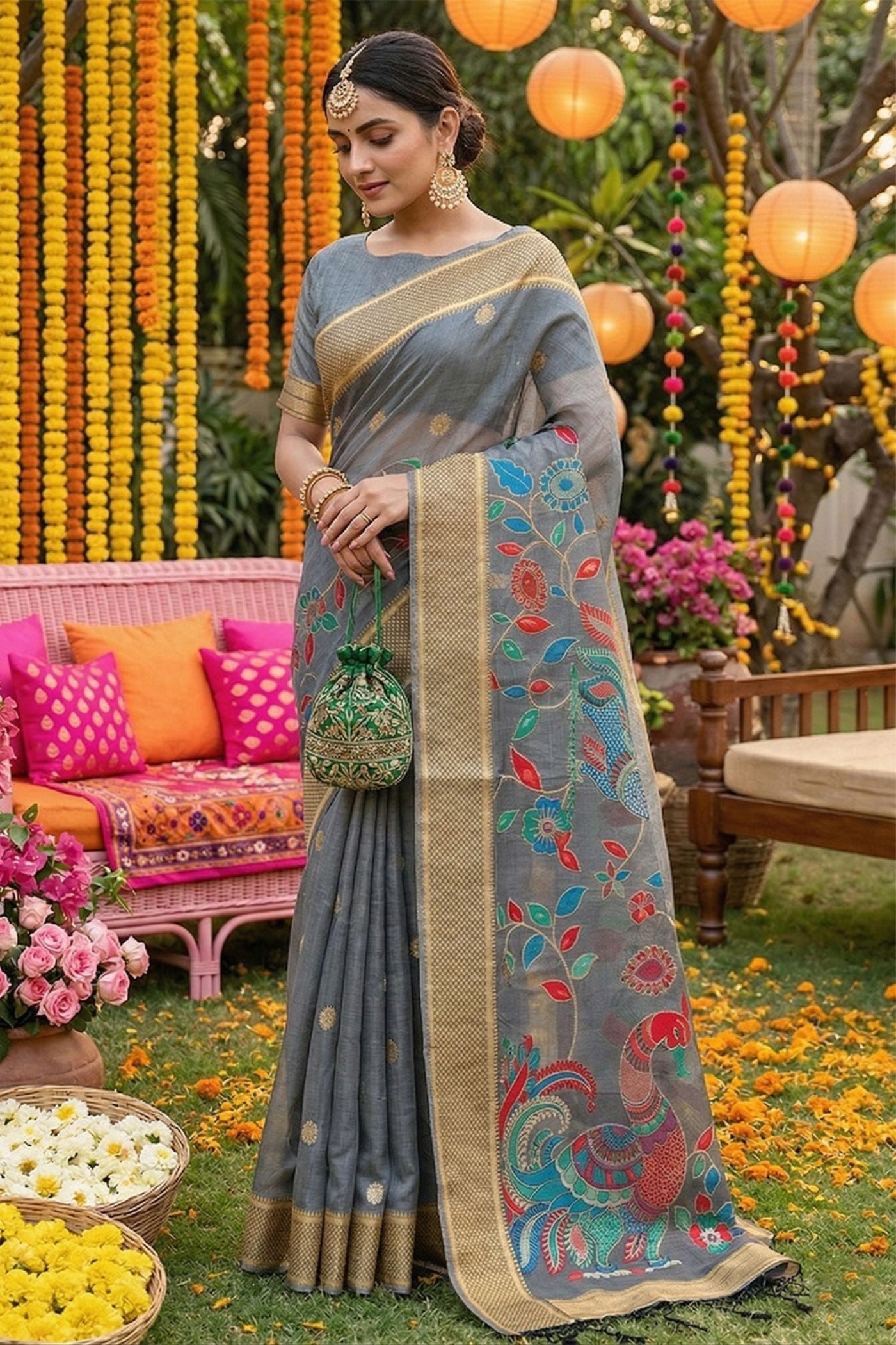 Buy MySilkLove Charcoal Grey Woven Linen Cotton Saree Online
