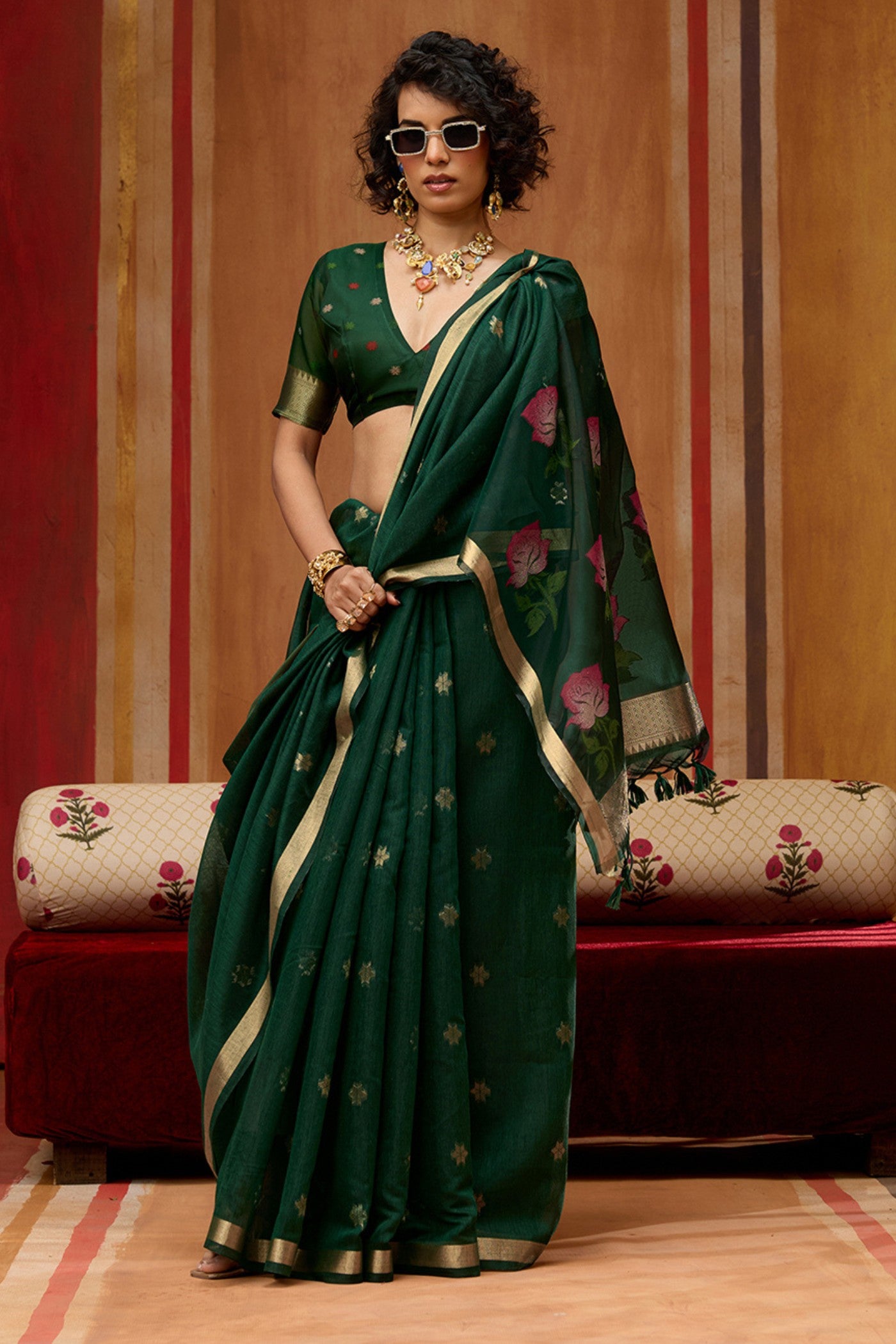 Buy MySilkLove Dark Green Handloom Muga Cotton Saree Online