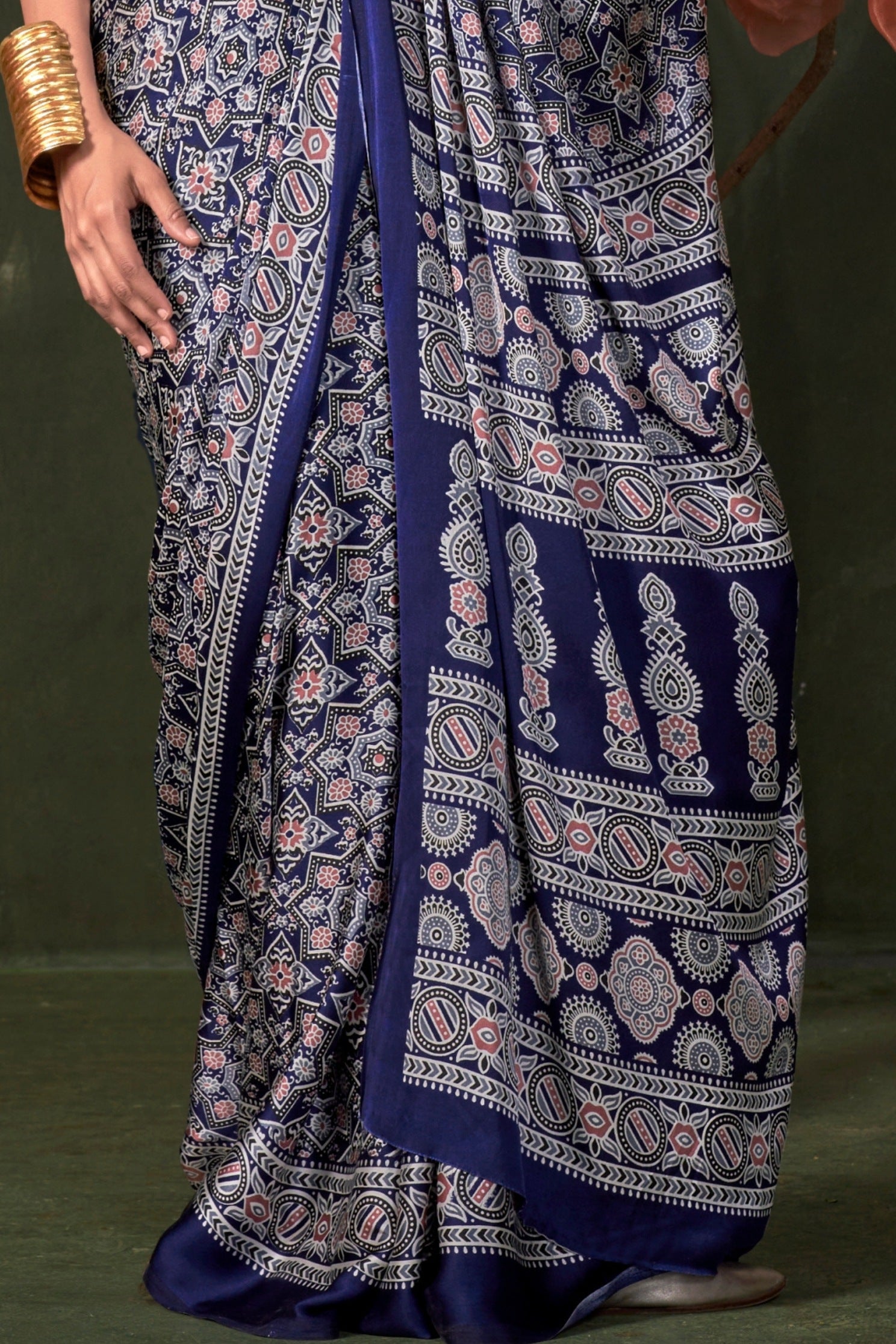 Buy MySilkLove Dodger Blue Ajrakh Printed Satin Crepe Silk Saree Online
