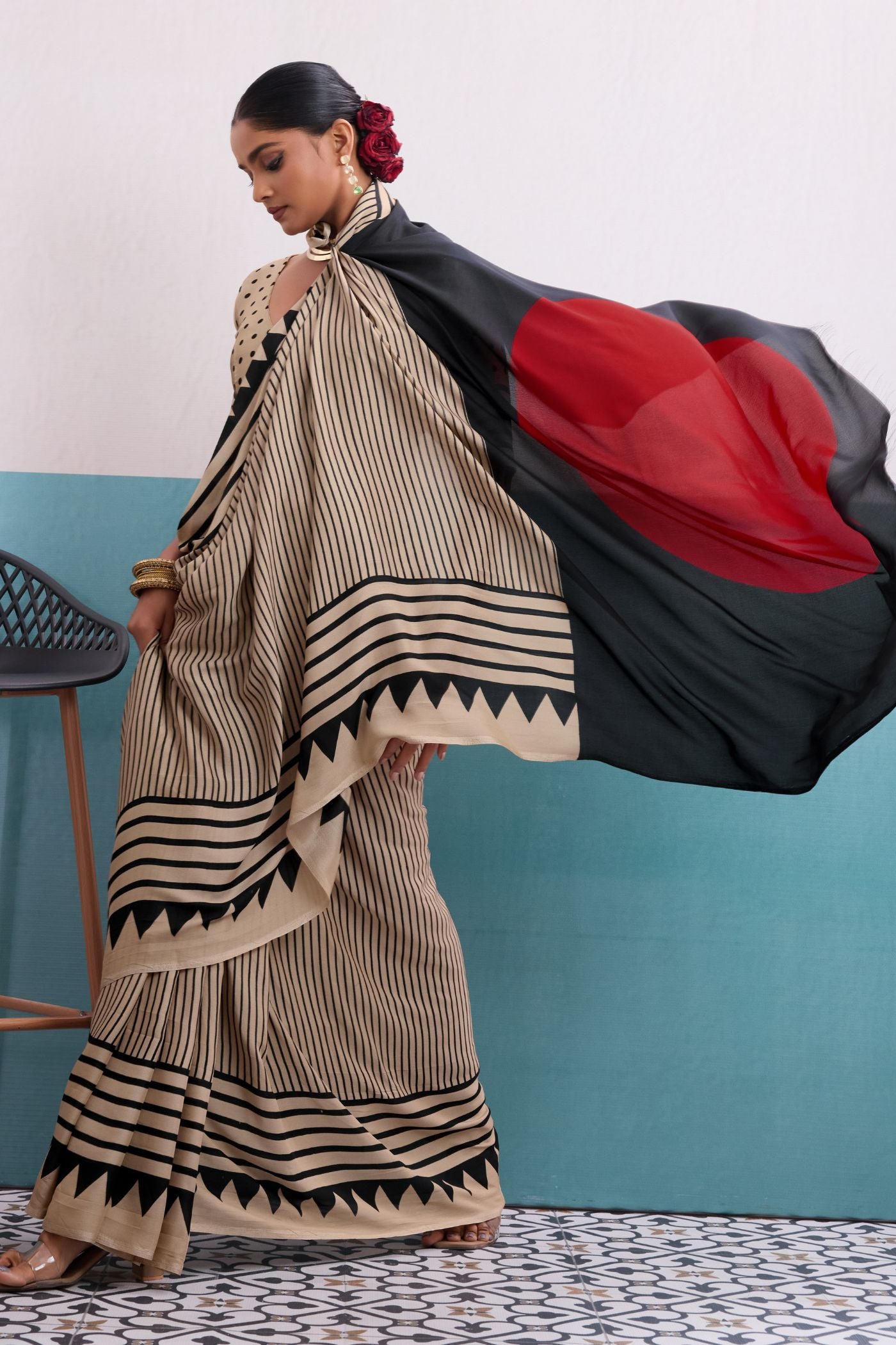 Buy MySilkLove Serenity Cream Stripe Ajrakh Printed Satin Crepe Silk Saree Online