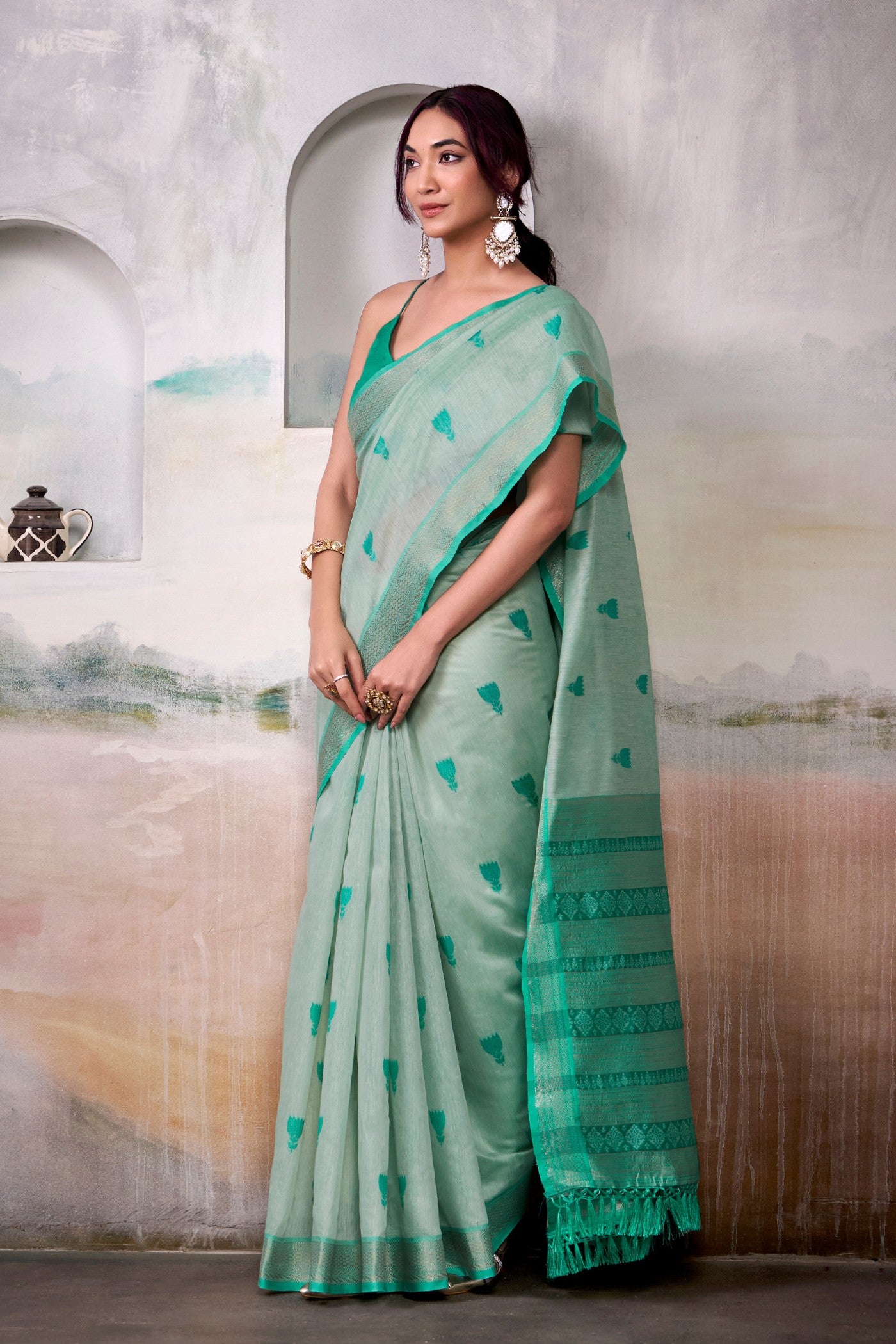 Buy MySilkLove Artichoke Green Woven Modal Cotton Saree Online