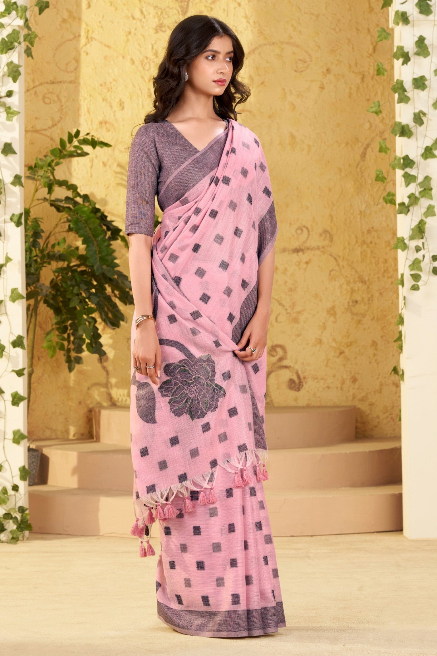 Buy MySilkLove Bush Pink Woven Linen Saree Online