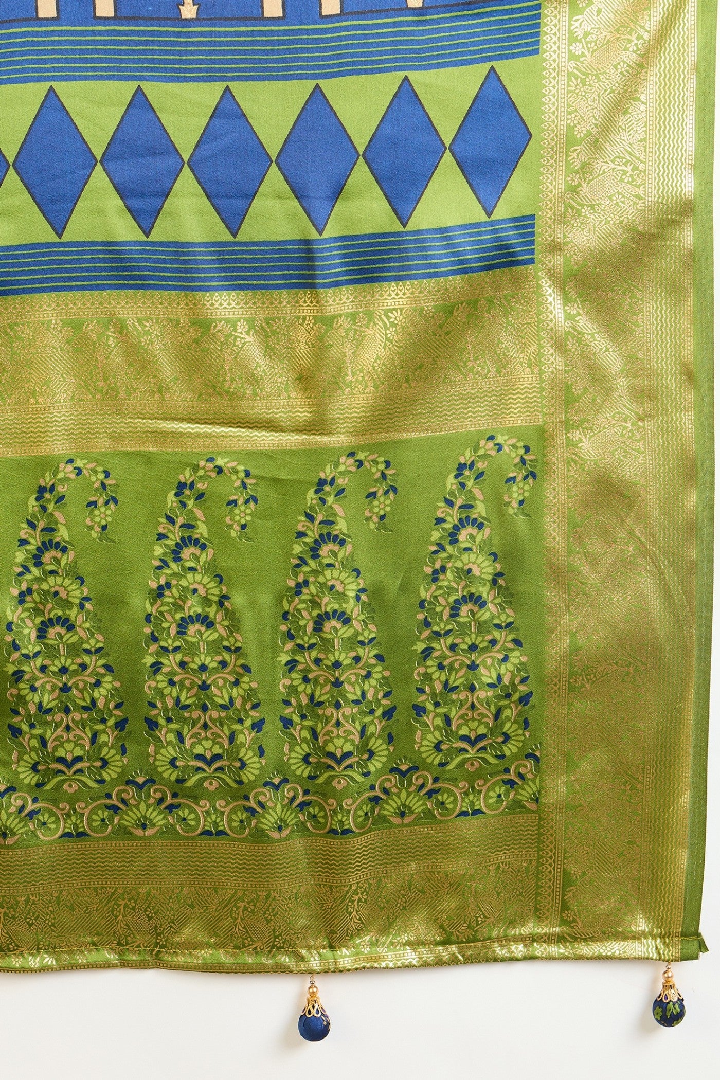 Buy MySilkLove Tidal Blue and Green Printed Satin Crepe Silk Saree Online