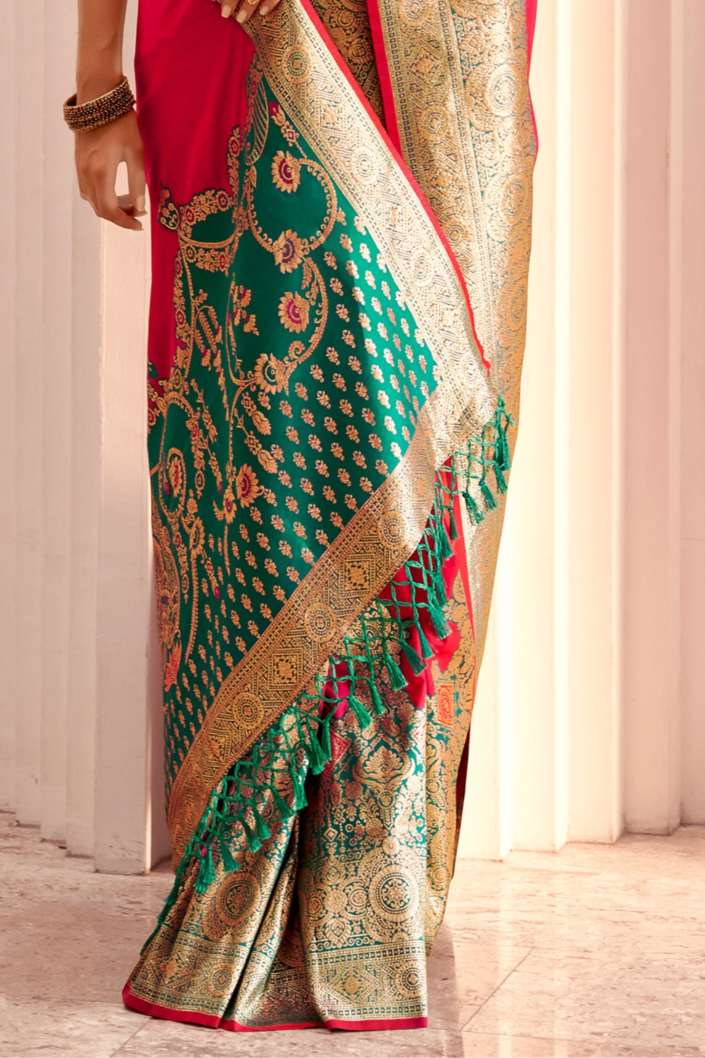 Buy MySilkLove Poppy Pink Woven Banarasi Soft Silk Saree Online