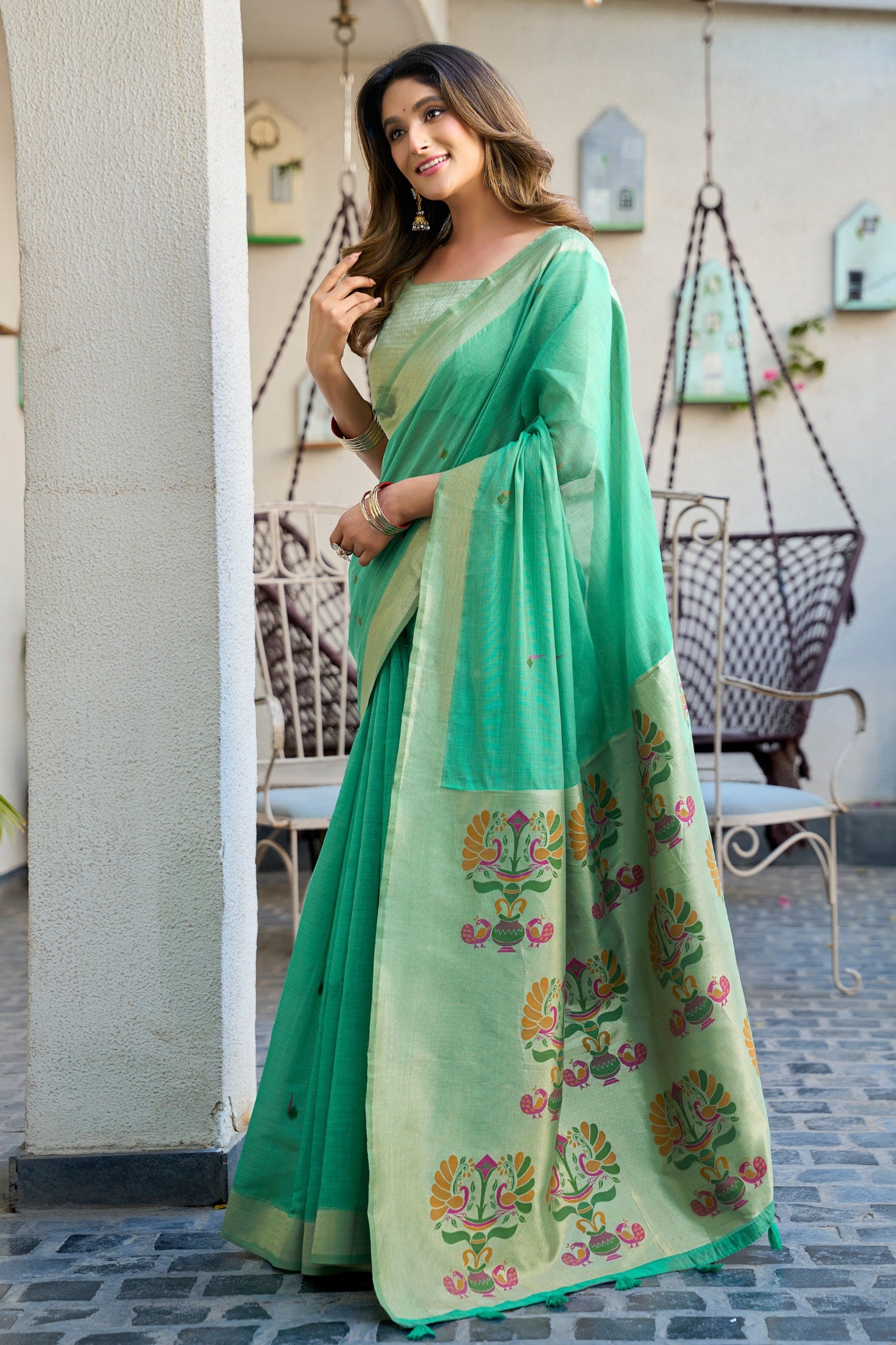 Buy MySilkLove Viridian Green Handloom Cotton Saree Online