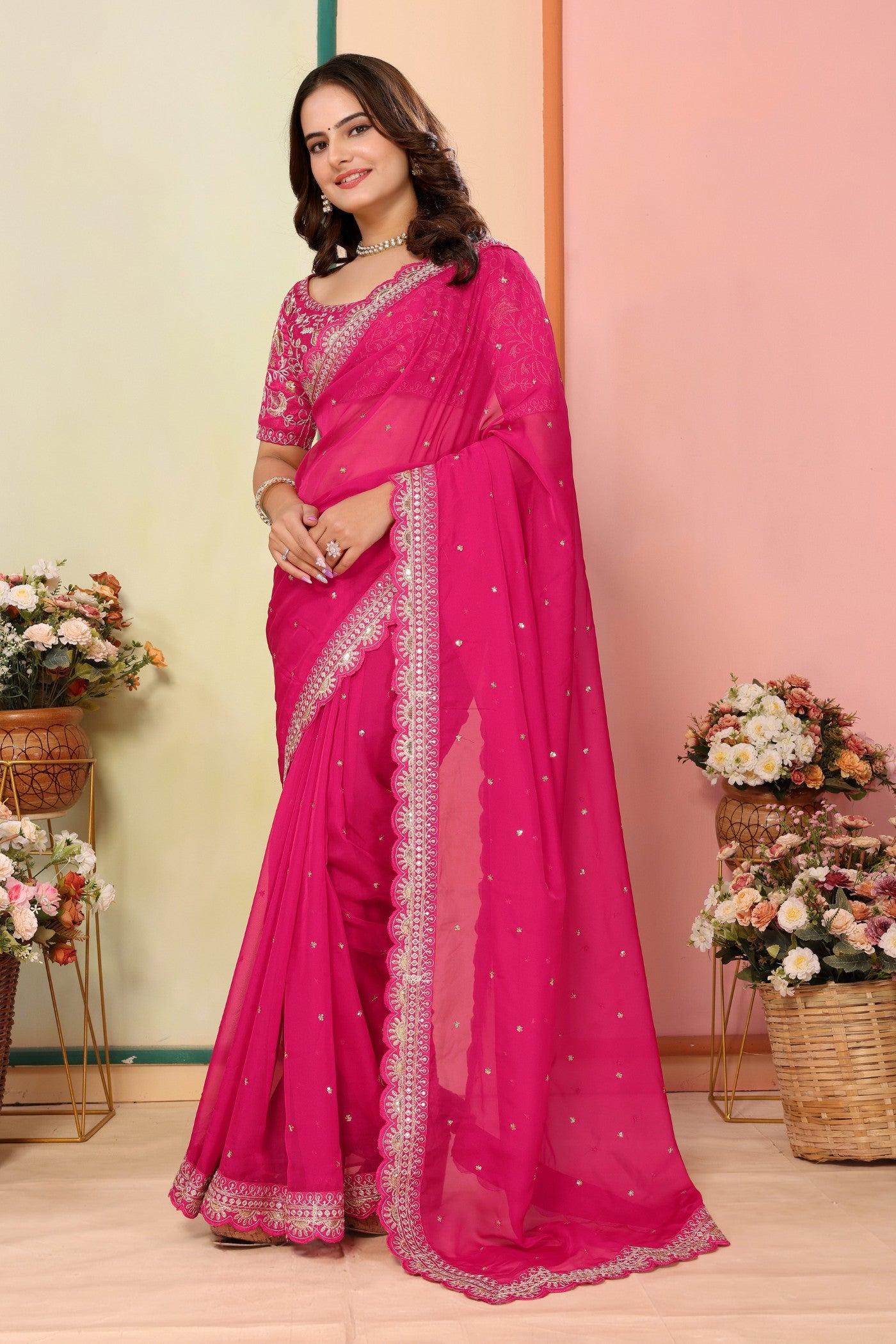 Buy MySilkLove Cerise Pink Organza Designer Partywear Saree Online