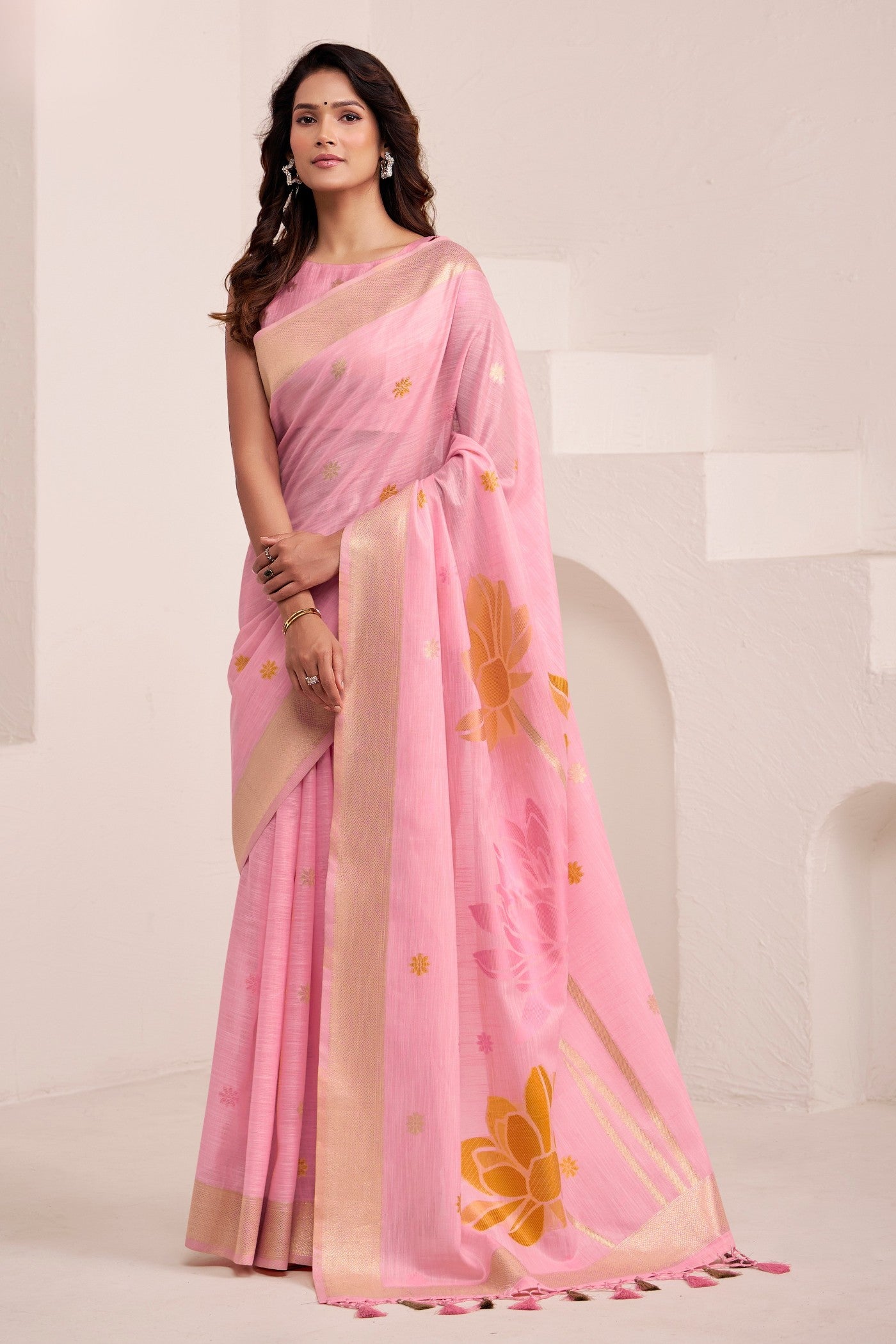 Buy MySilkLove Charm Pink Woven Linen Saree Online