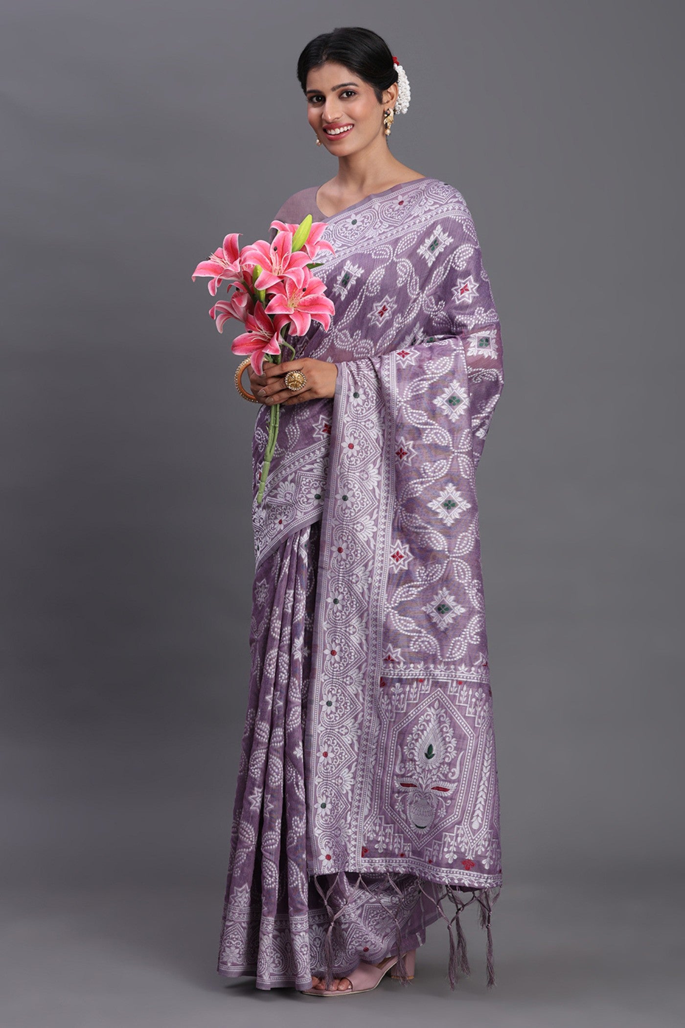 Buy MySilkLove Heather Purple Linen Cotton Saree Online